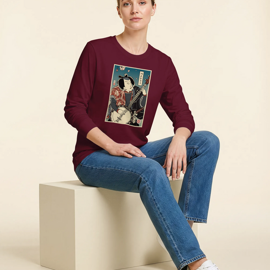 Samurai Banjo Player Music Ukiyo-e Unisex Long Sleeve Tee - Samurai Original
