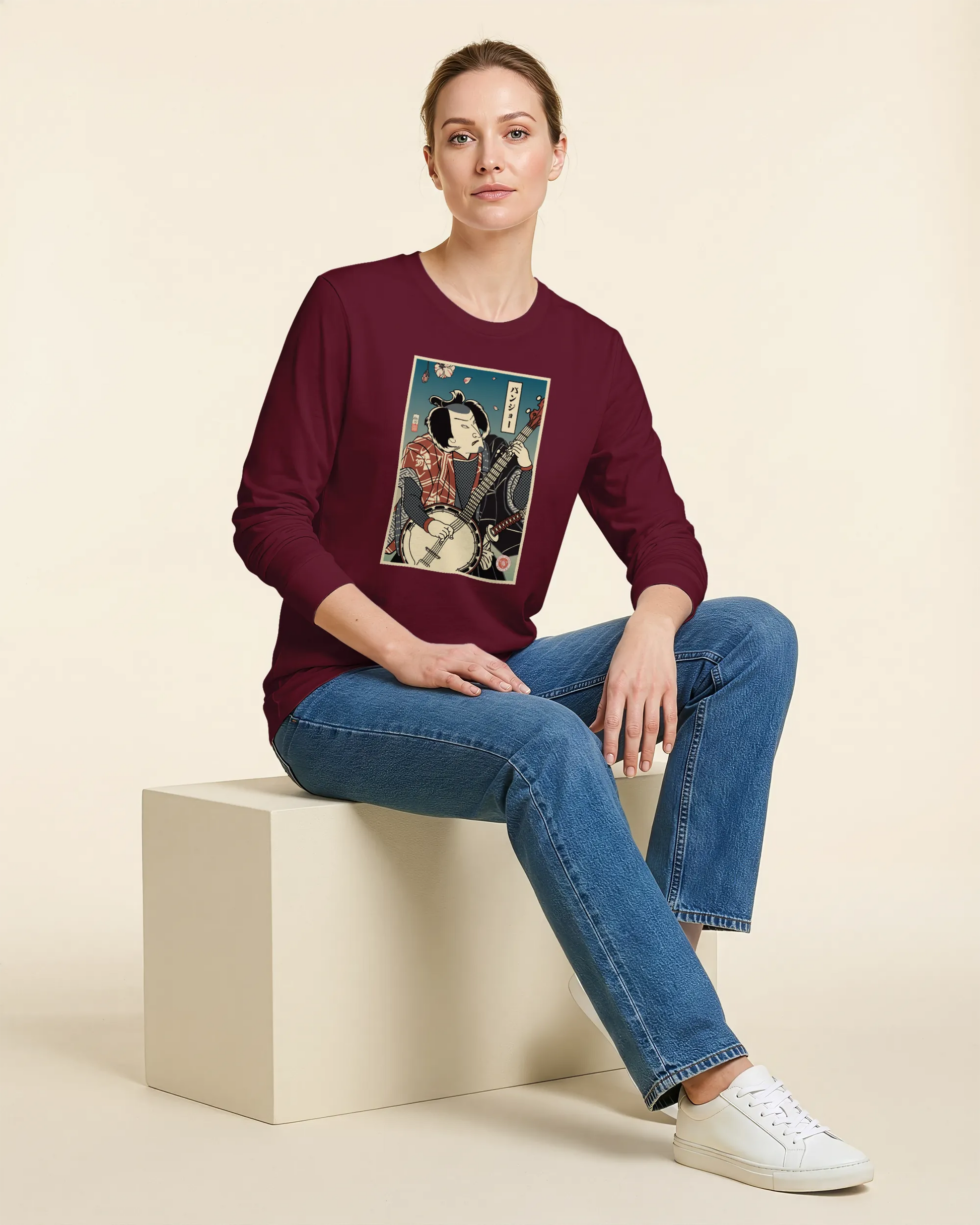 Samurai Banjo Player Music Ukiyo-e Unisex Long Sleeve Tee - Samurai Original
