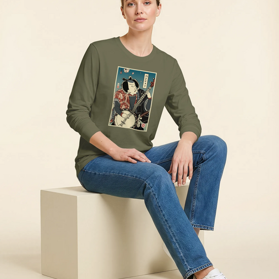 Samurai Banjo Player Music Ukiyo-e Unisex Long Sleeve Tee - Samurai Original