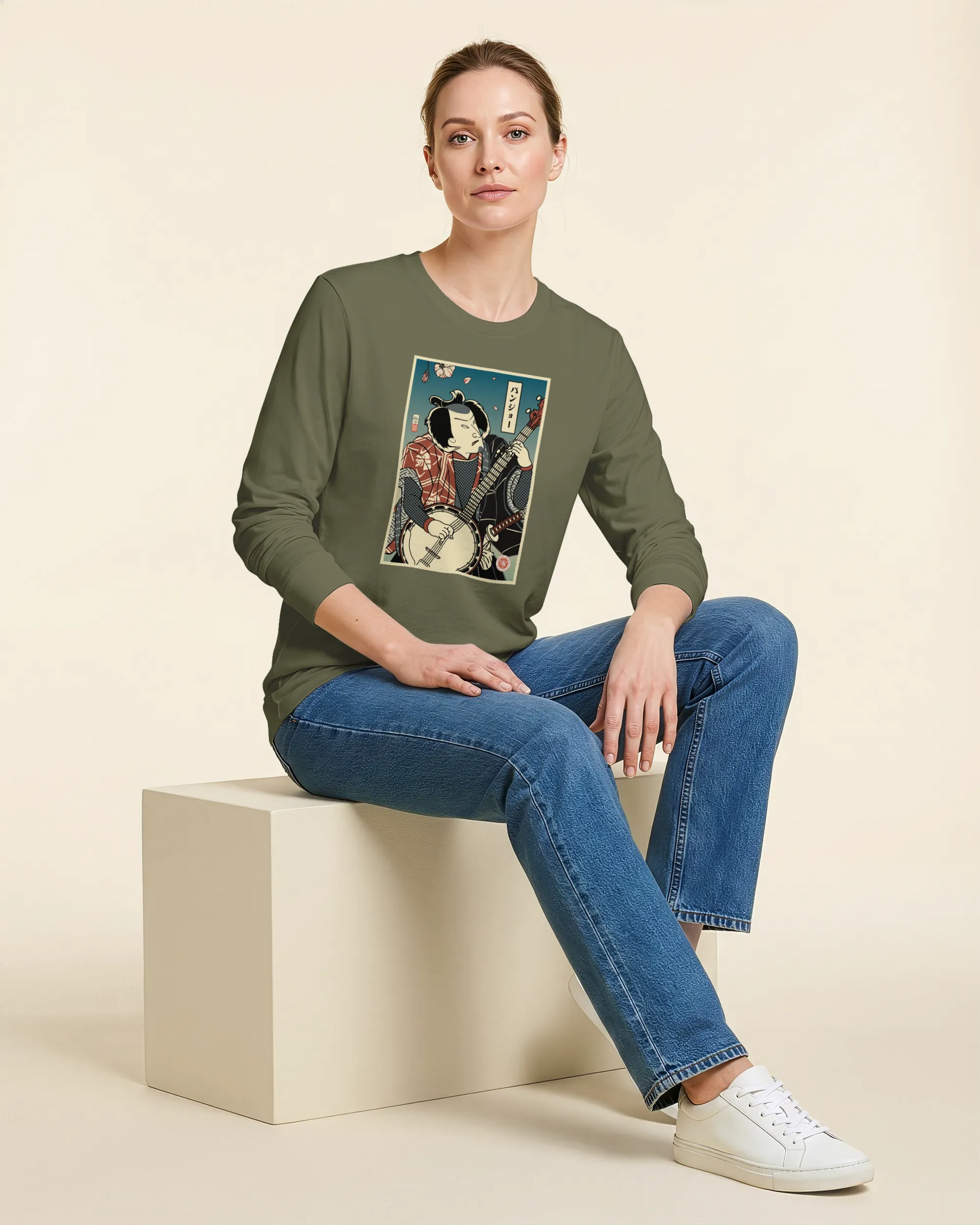 Samurai Banjo Player Music Ukiyo-e Unisex Long Sleeve Tee - Samurai Original