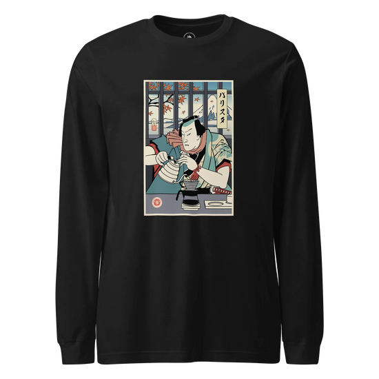 Samurai Barista Coffee Ukiyo-e Unisex Long Sleeve Tee Black - Samurai Original