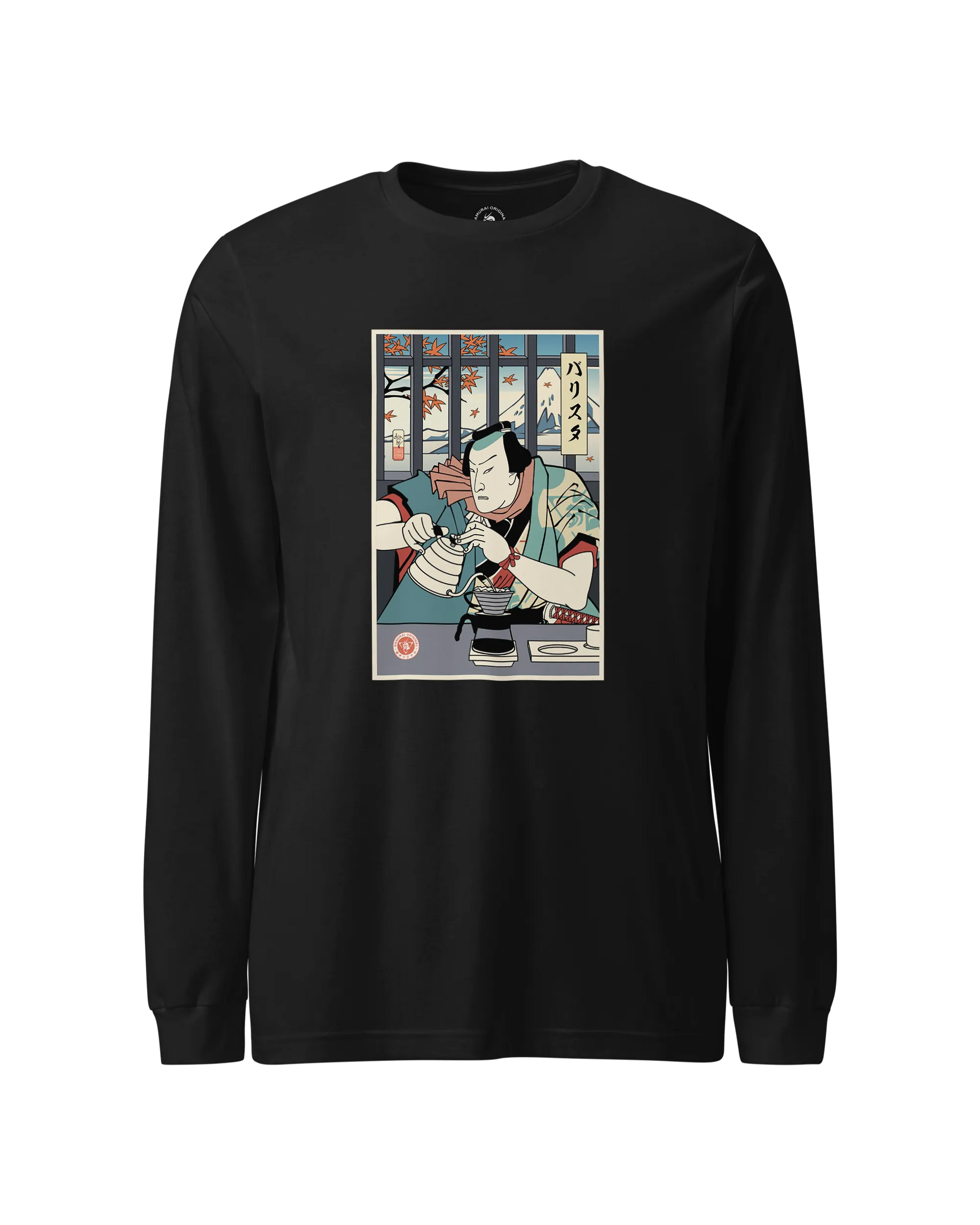 Samurai Barista Coffee Ukiyo-e Unisex Long Sleeve Tee Black - Samurai Original