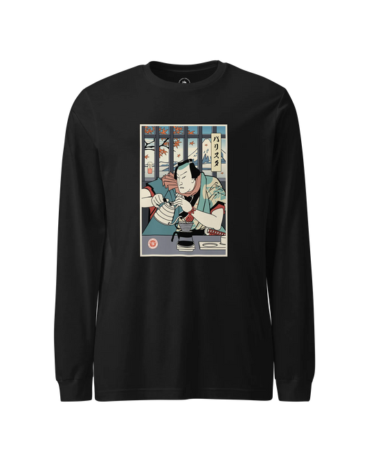 Samurai Barista Coffee Ukiyo-e Unisex Long Sleeve Tee Black - Samurai Original