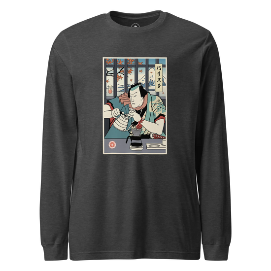 Samurai Barista Coffee Ukiyo-e Unisex Long Sleeve Tee Dark Grey Heather - Samurai Original