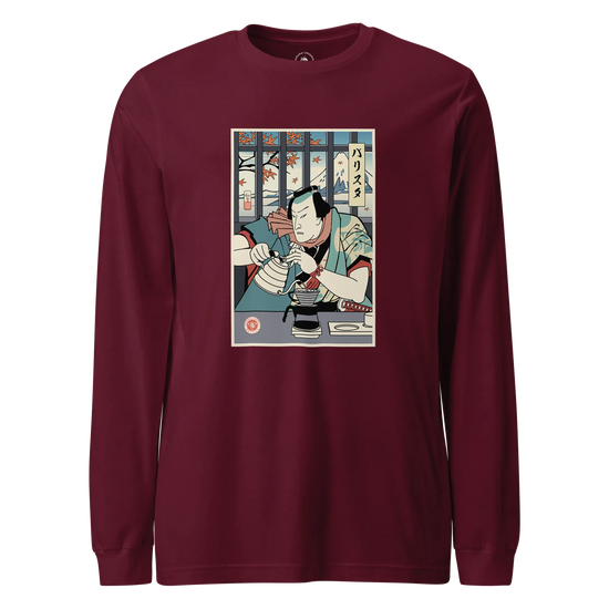 Samurai Barista Coffee Ukiyo-e Unisex Long Sleeve Tee Maroon - Samurai Original