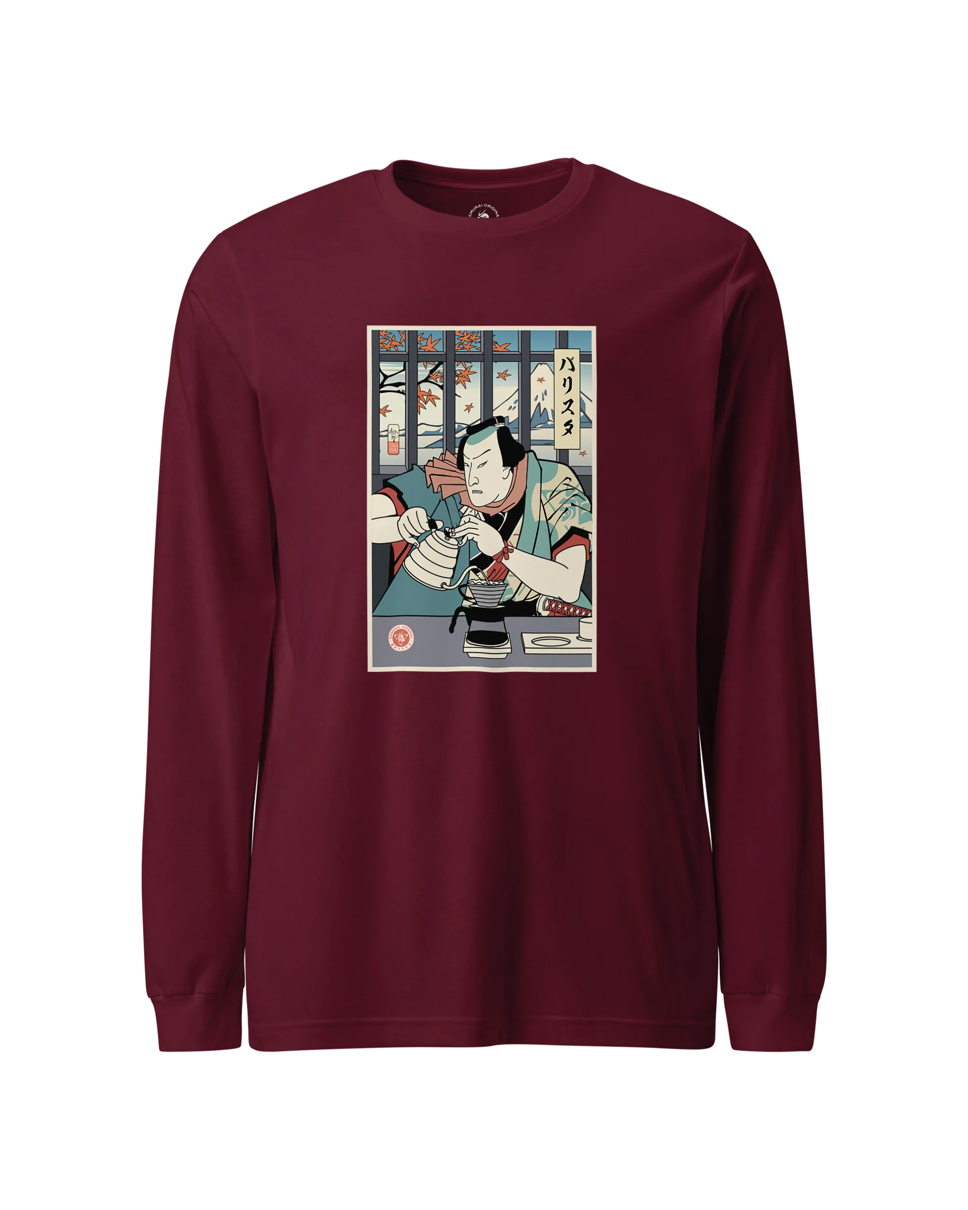 Samurai Barista Coffee Ukiyo-e Unisex Long Sleeve Tee Maroon - Samurai Original