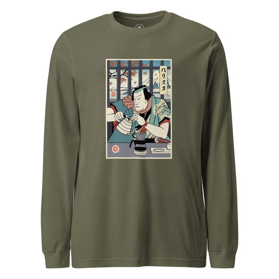 Samurai Barista Coffee Ukiyo-e Unisex Long Sleeve Tee Military Green - Samurai Original