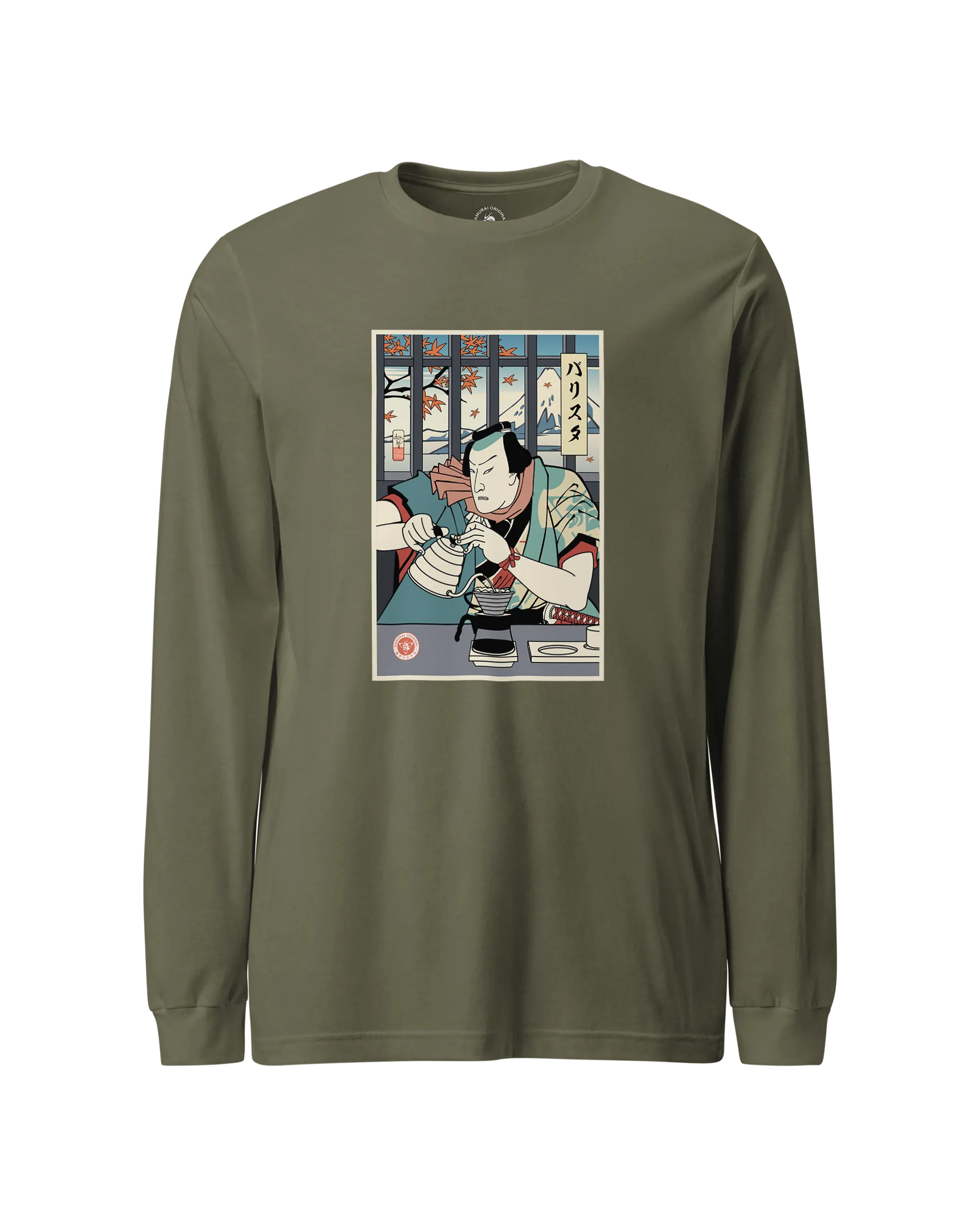 Samurai Barista Coffee Ukiyo-e Unisex Long Sleeve Tee Military Green - Samurai Original
