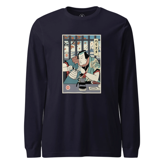 Samurai Barista Coffee Ukiyo-e Unisex Long Sleeve Tee Navy - Samurai Original