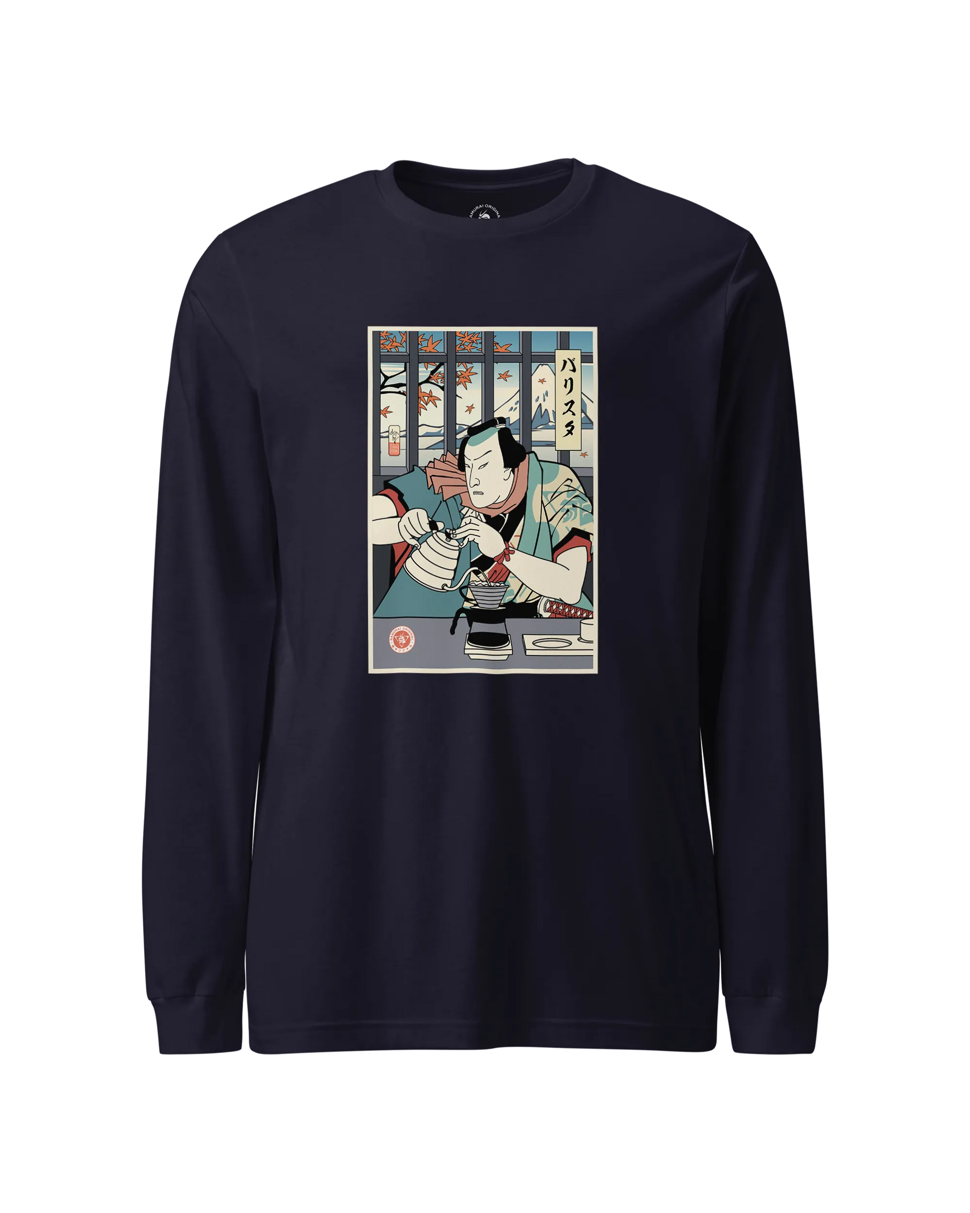 Samurai Barista Coffee Ukiyo-e Unisex Long Sleeve Tee Navy - Samurai Original