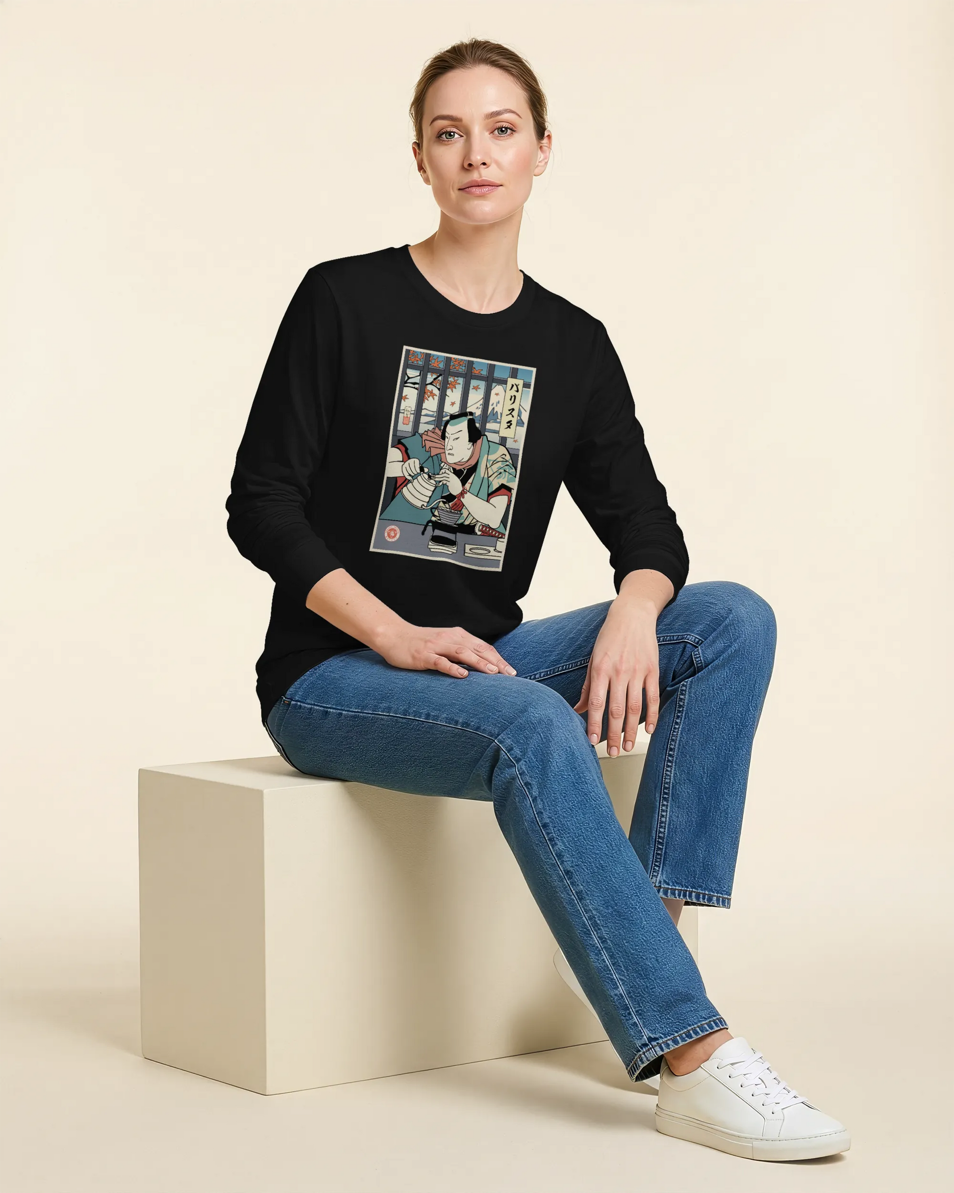 Samurai Barista Coffee Ukiyo-e Unisex Long Sleeve Tee - Samurai Original