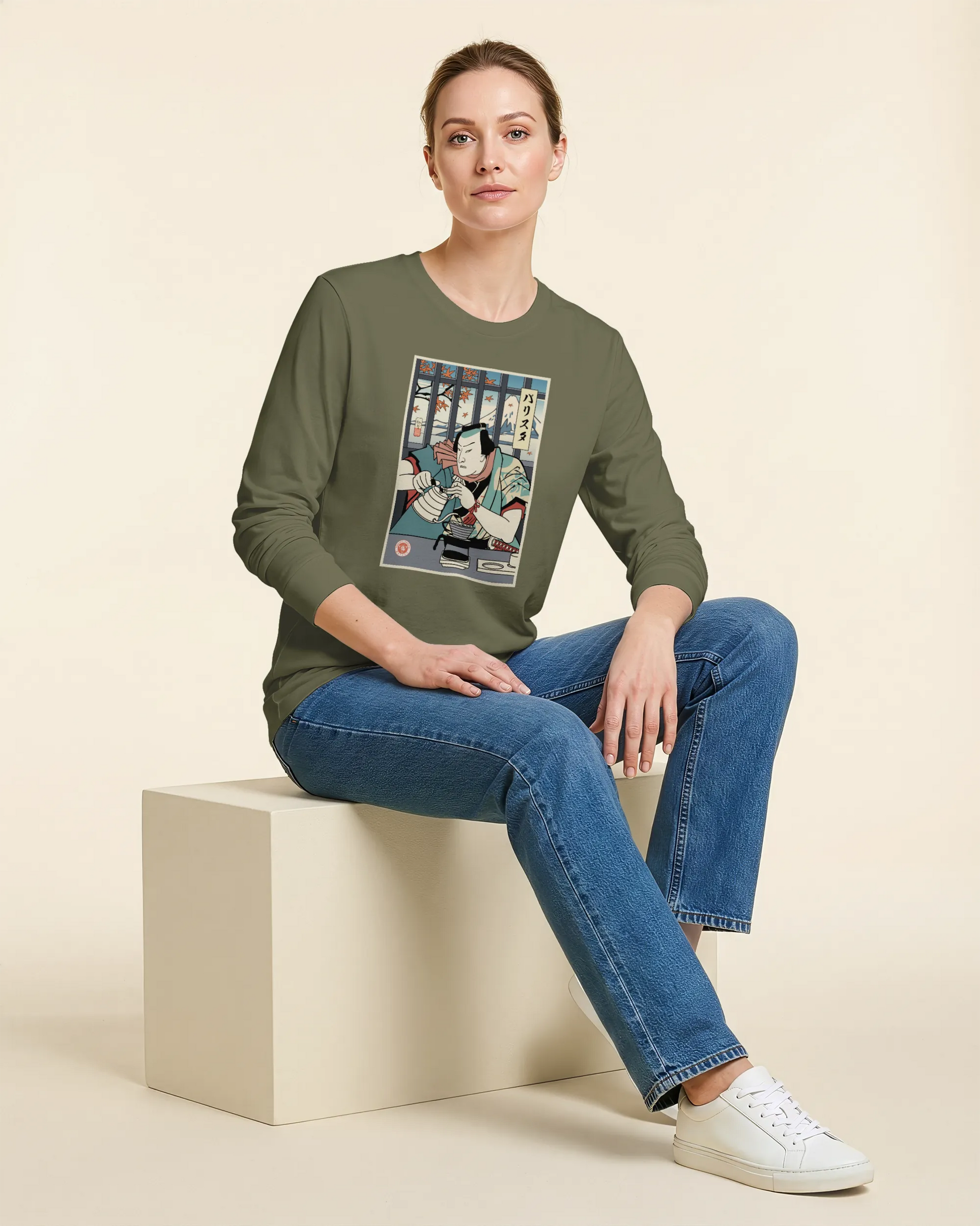 Samurai Barista Coffee Ukiyo-e Unisex Long Sleeve Tee - Samurai Original