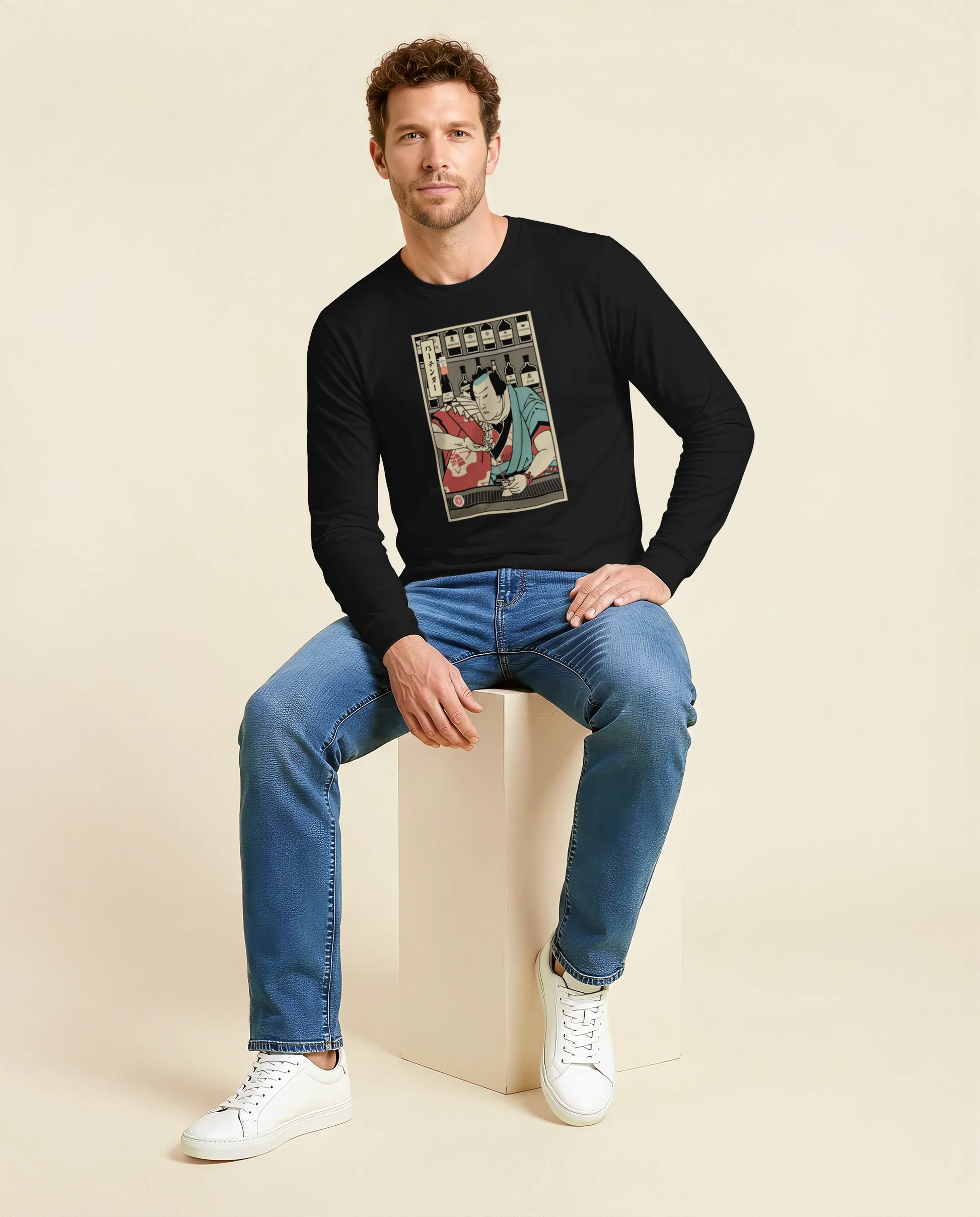 Samurai Bartender Wine Ukiyo-e Unisex Long Sleeve Tee - Samurai Original