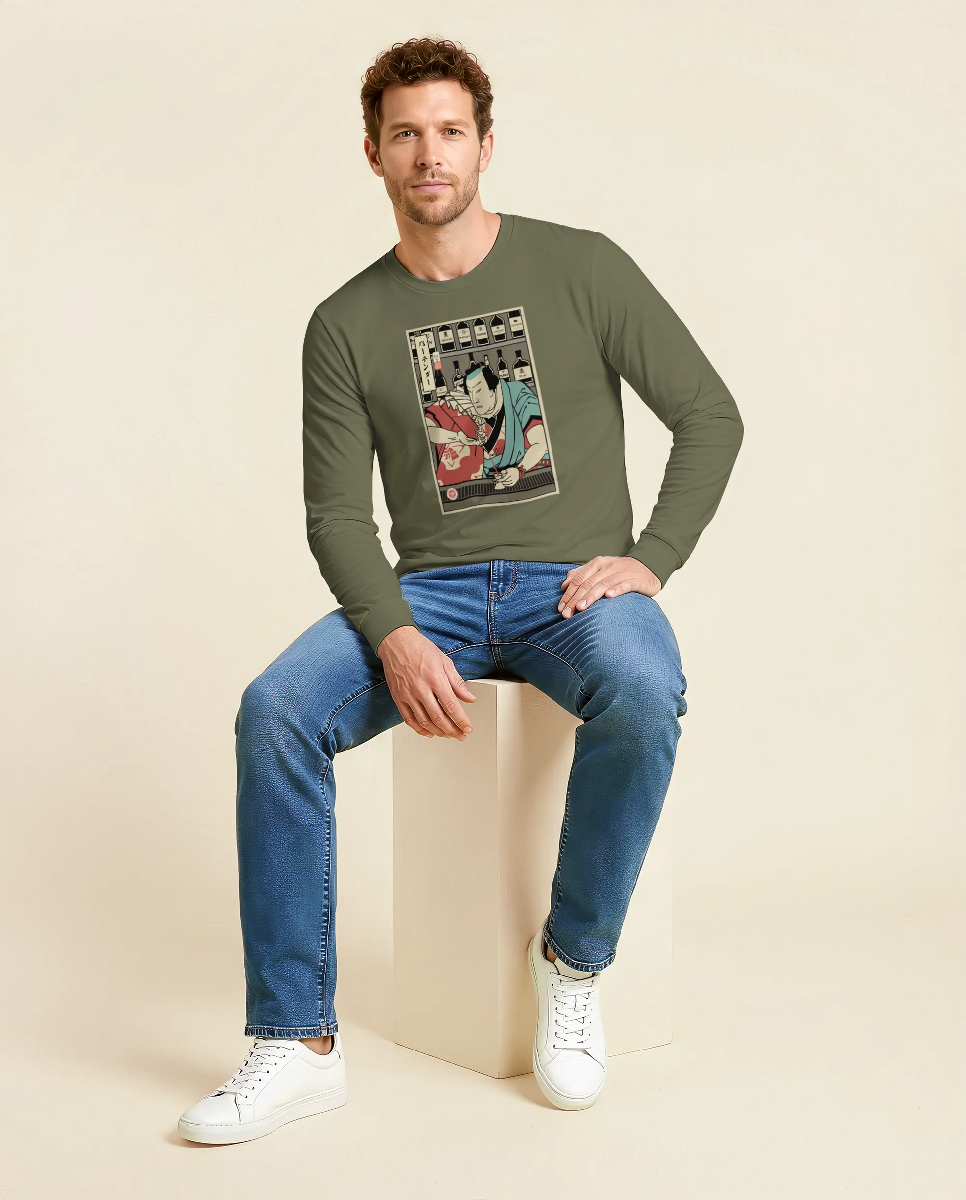 Samurai Bartender Wine Ukiyo-e Unisex Long Sleeve Tee - Samurai Original