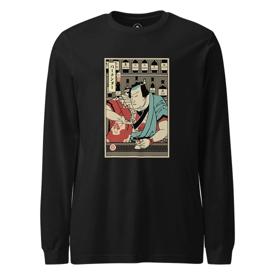 Samurai Bartender Wine Ukiyo-e Unisex Long Sleeve Tee Black - Samurai Original