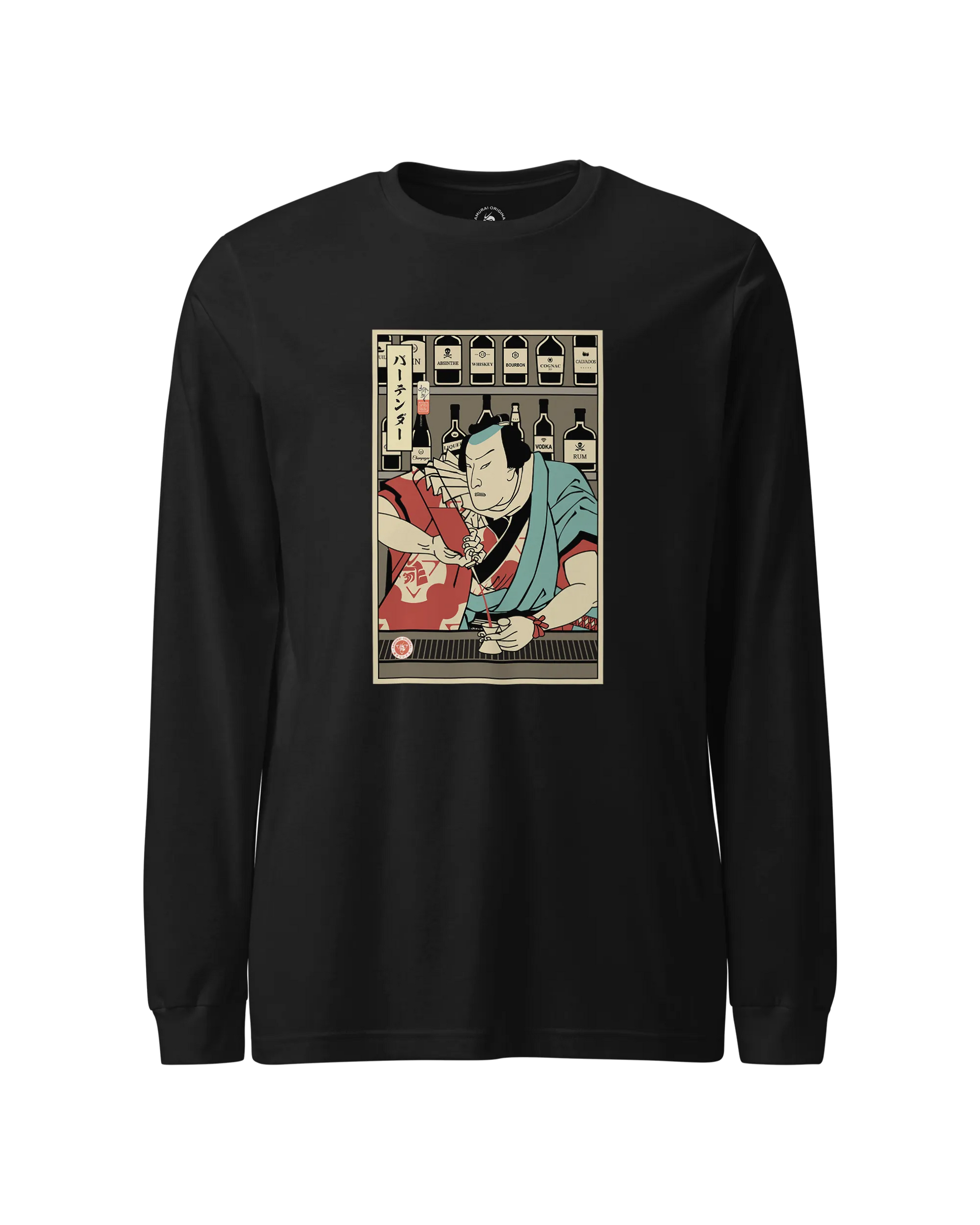 Samurai Bartender Wine Ukiyo-e Unisex Long Sleeve Tee Black - Samurai Original