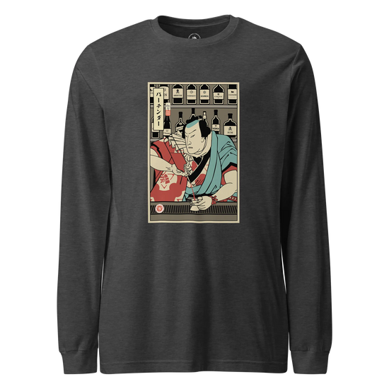 Samurai Bartender Wine Ukiyo-e Unisex Long Sleeve Tee Dark Grey Heather - Samurai Original