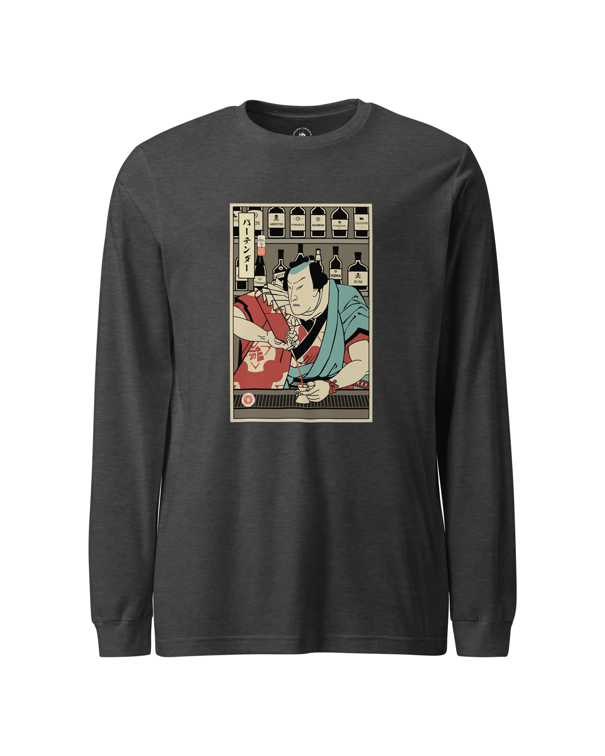 Samurai Bartender Wine Ukiyo-e Unisex Long Sleeve Tee Dark Grey Heather - Samurai Original