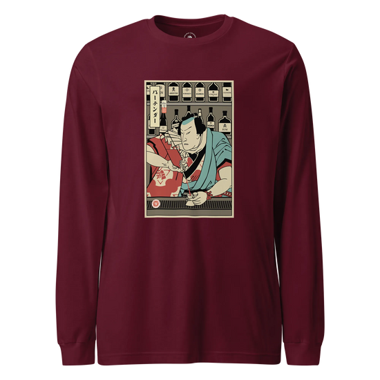 Samurai Bartender Wine Ukiyo-e Unisex Long Sleeve Tee Maroon - Samurai Original