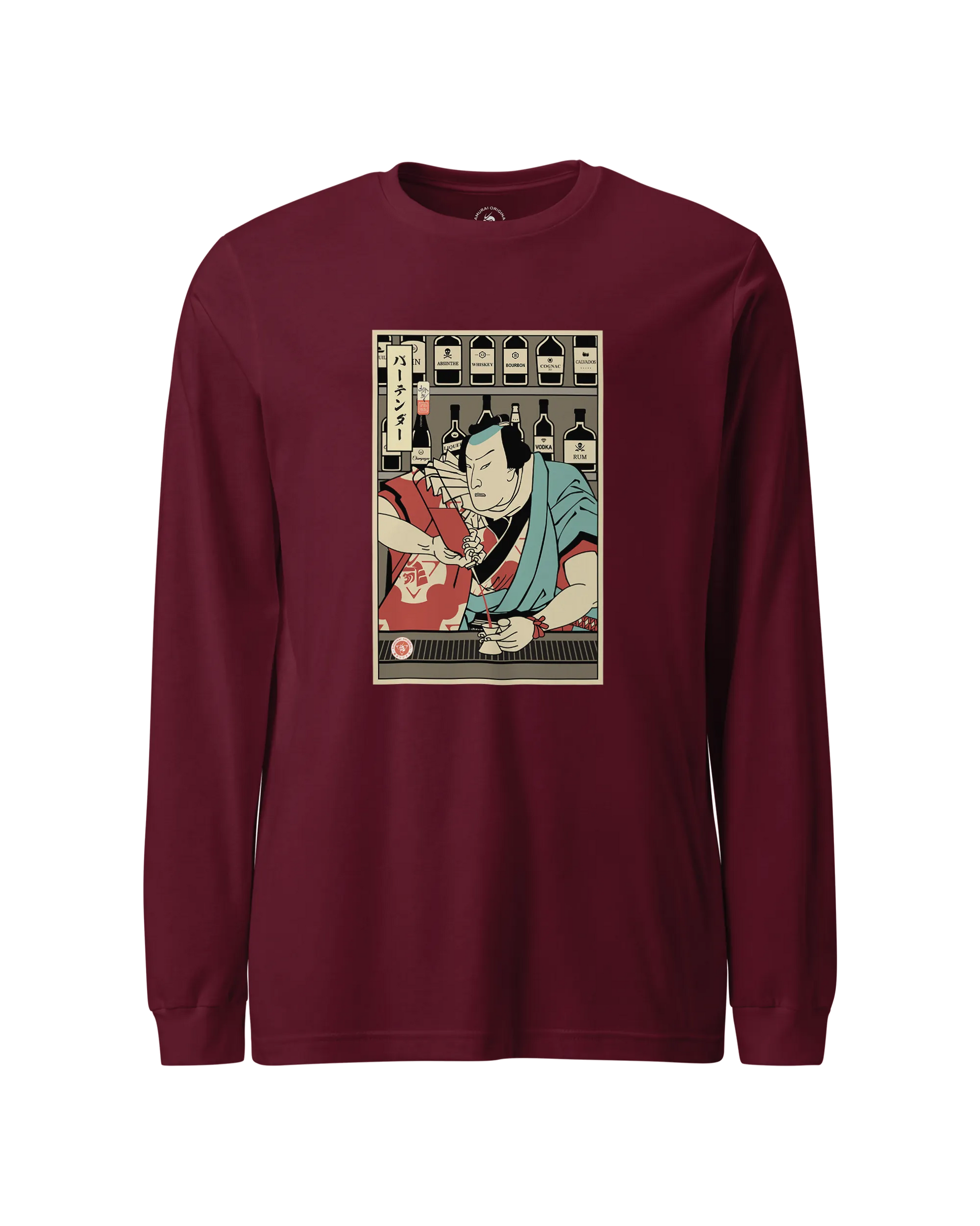 Samurai Bartender Wine Ukiyo-e Unisex Long Sleeve Tee Maroon - Samurai Original