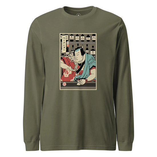 Samurai Bartender Wine Ukiyo-e Unisex Long Sleeve Tee Military Green - Samurai Original