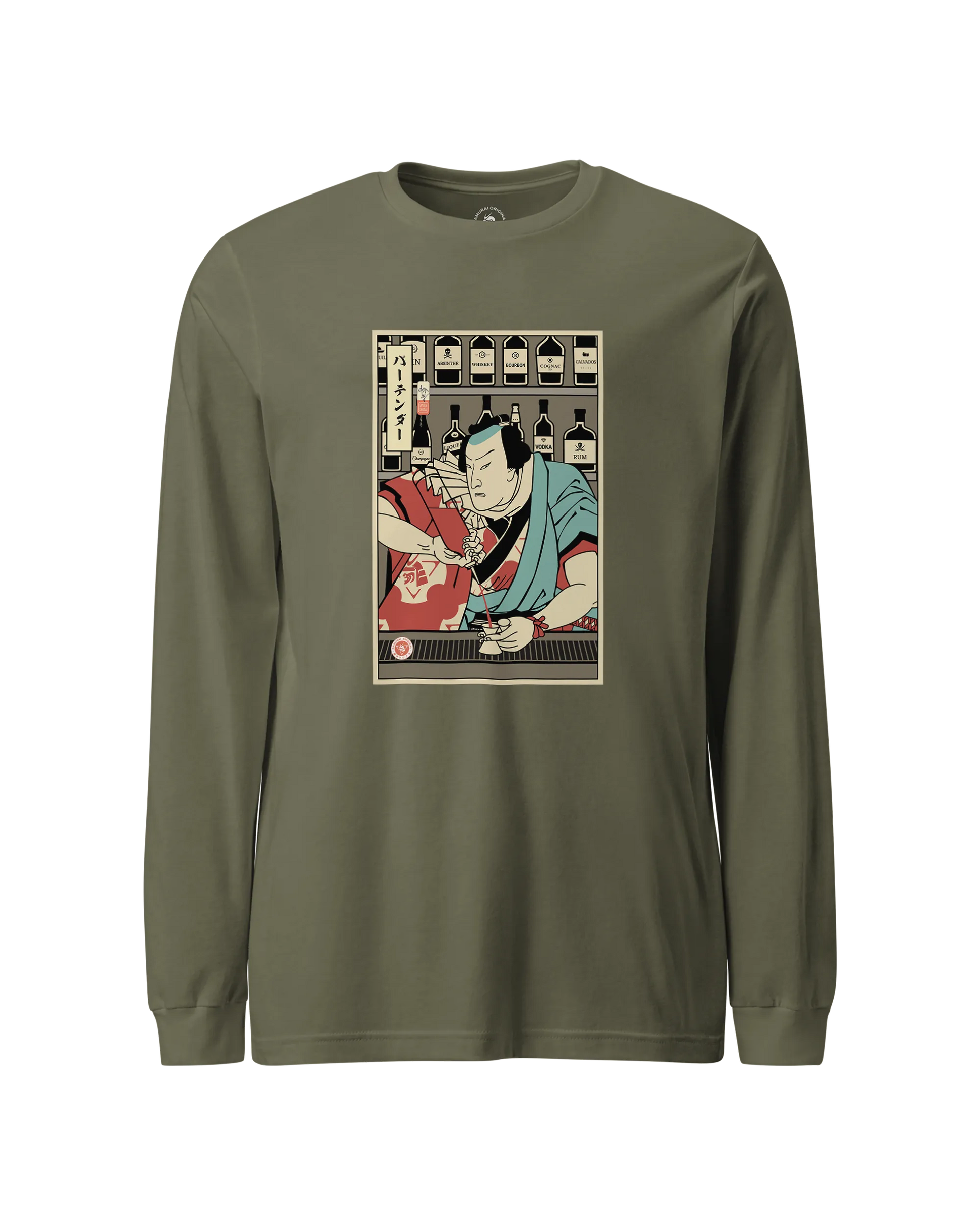 Samurai Bartender Wine Ukiyo-e Unisex Long Sleeve Tee Military Green - Samurai Original