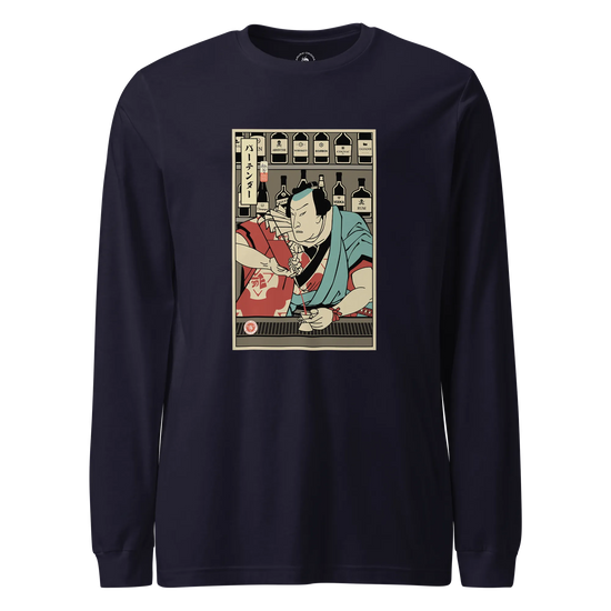 Samurai Bartender Wine Ukiyo-e Unisex Long Sleeve Tee Navy - Samurai Original