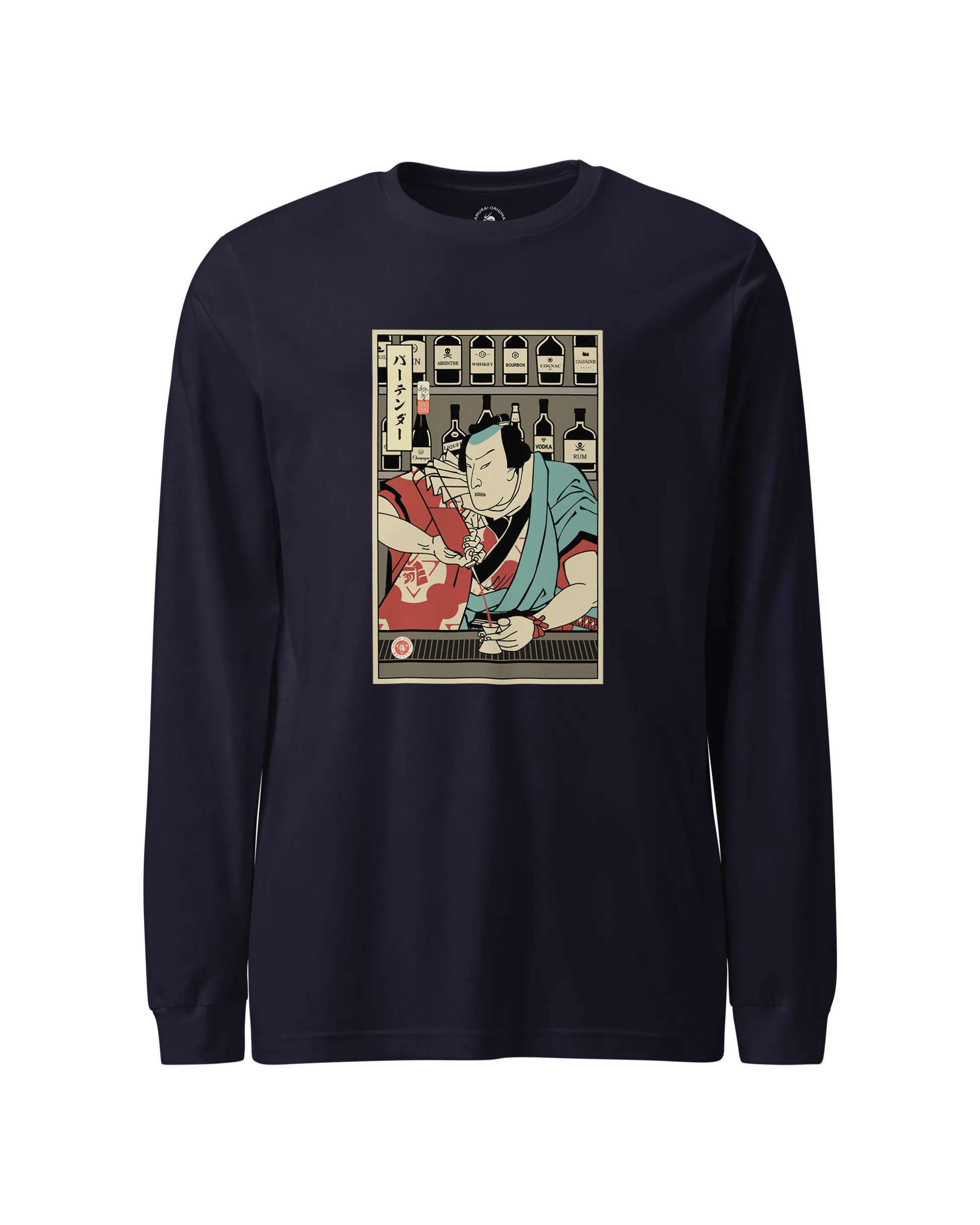Samurai Bartender Wine Ukiyo-e Unisex Long Sleeve Tee Navy - Samurai Original