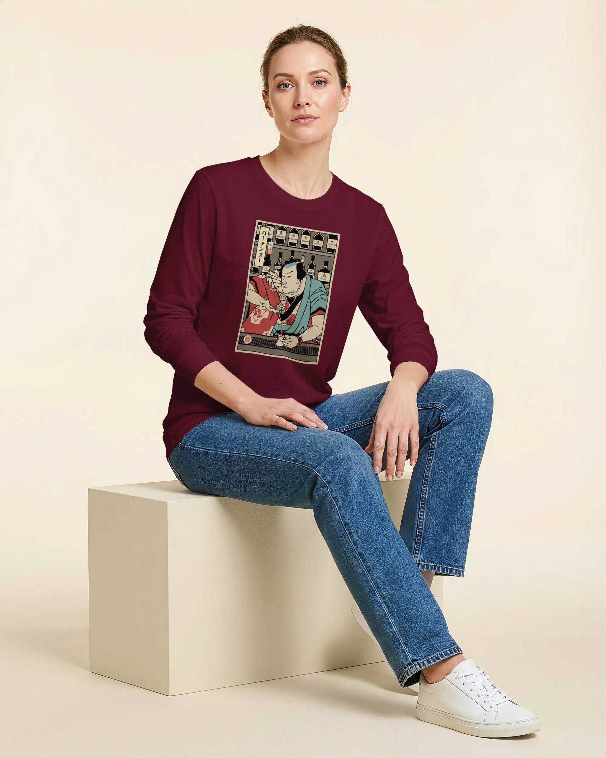 Samurai Bartender Wine Ukiyo-e Unisex Long Sleeve Tee - Samurai Original