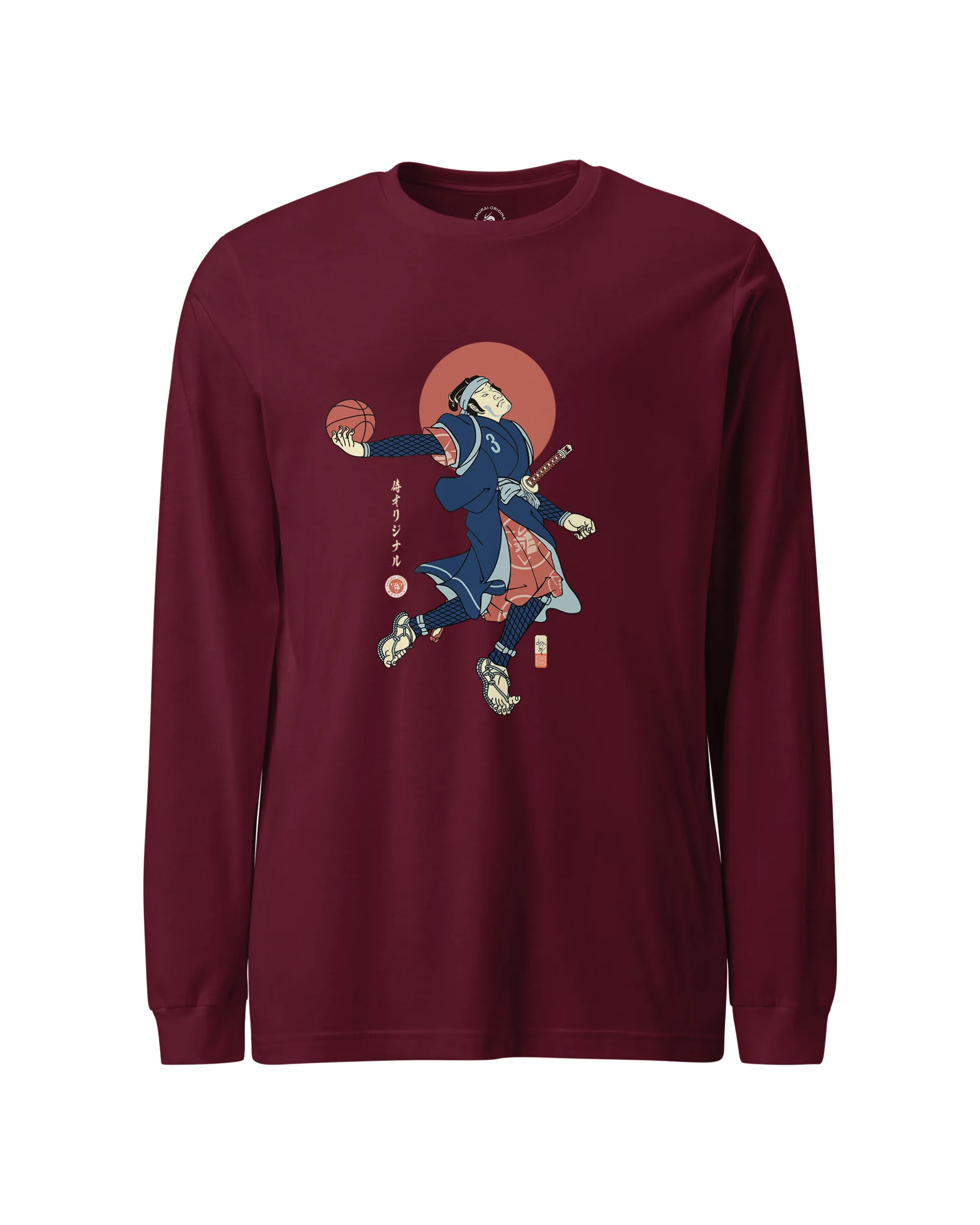 Samurai Basketball Player 4 Sport Ukiyo-e Unisex Long Sleeve Tee Maroon - Samurai Original
