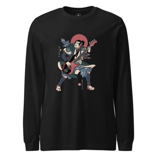 Samurai Bassist Player 4 Music Ukiyo-e Unisex Long Sleeve Tee Black - Samurai Original