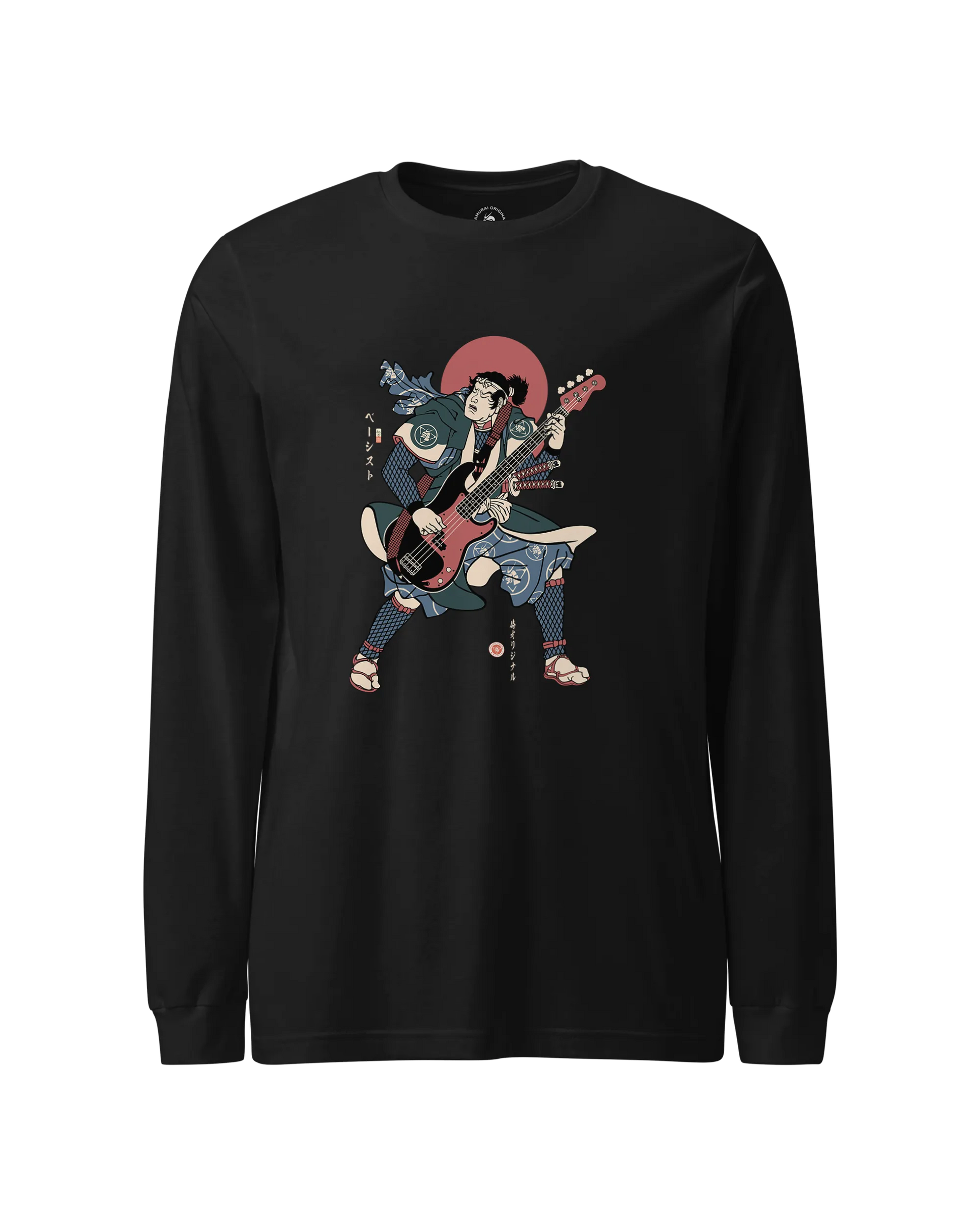 Samurai Bassist Player 4 Music Ukiyo-e Unisex Long Sleeve Tee Black - Samurai Original
