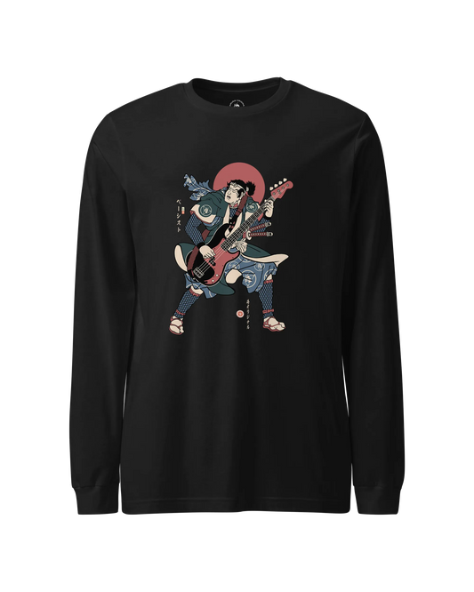 Samurai Bassist Player 4 Music Ukiyo-e Unisex Long Sleeve Tee Black - Samurai Original