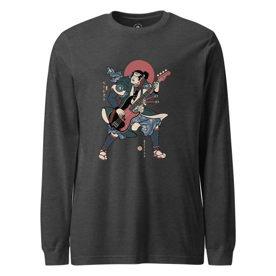 Samurai Bassist Player 4 Music Ukiyo-e Unisex Long Sleeve Tee Dark Grey Heather - Samurai Original