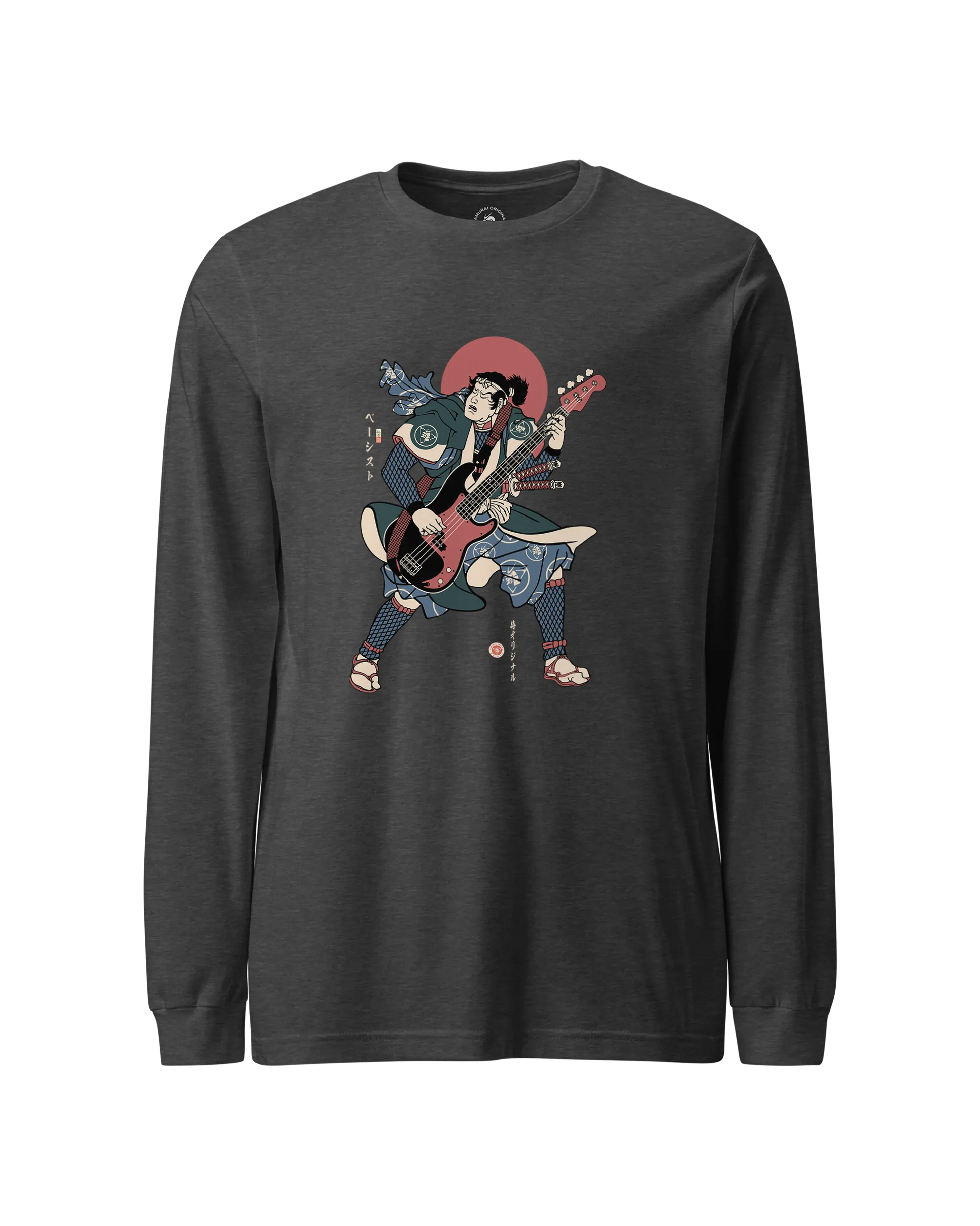 Samurai Bassist Player 4 Music Ukiyo-e Unisex Long Sleeve Tee Dark Grey Heather - Samurai Original