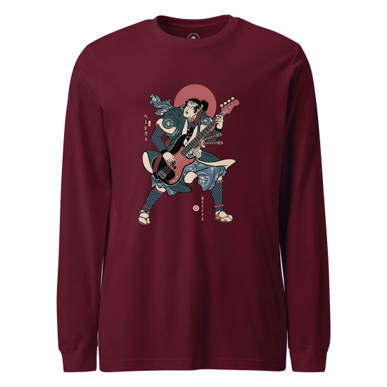 Samurai Bassist Player 4 Music Ukiyo-e Unisex Long Sleeve Tee Maroon - Samurai Original