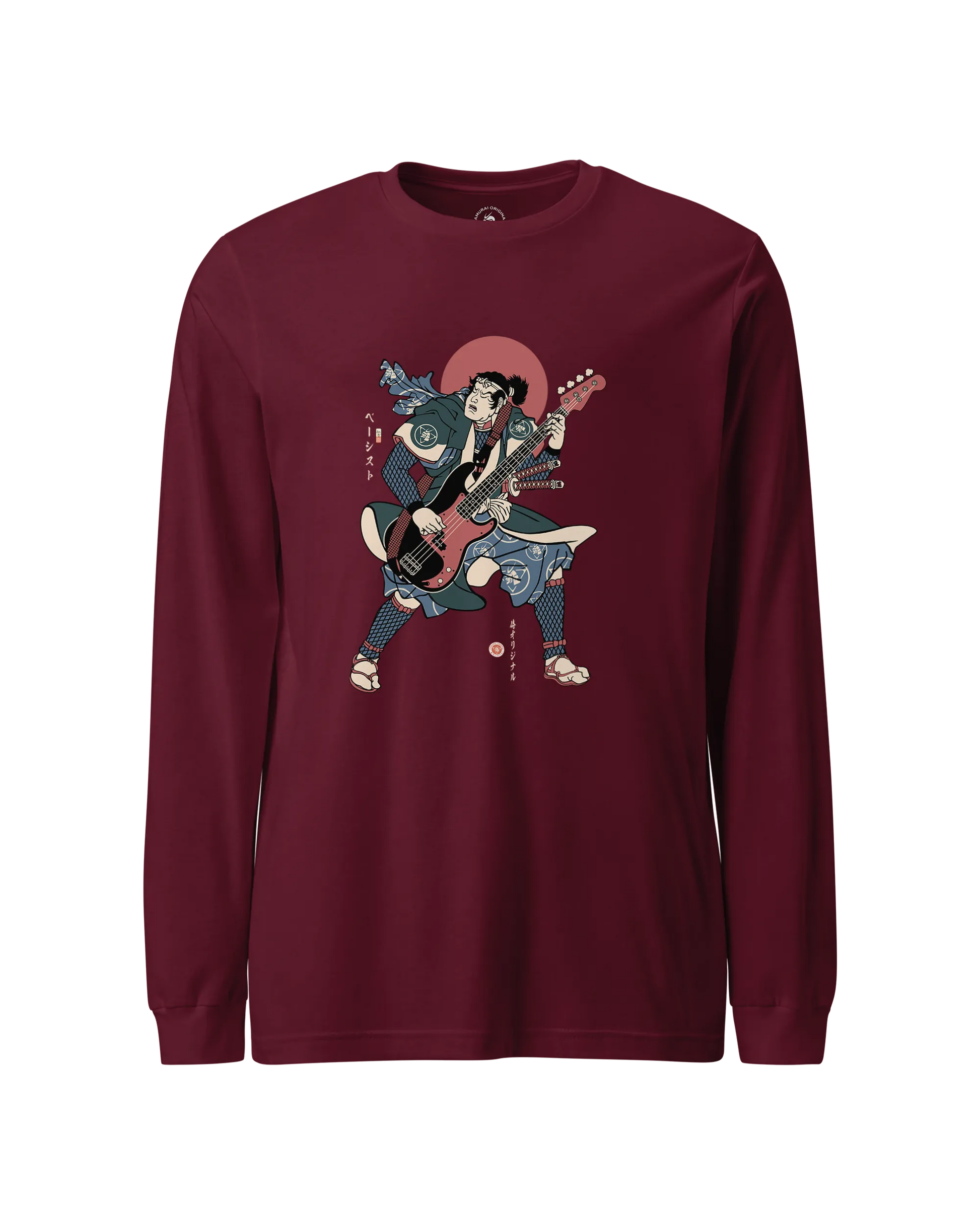 Samurai Bassist Player 4 Music Ukiyo-e Unisex Long Sleeve Tee Maroon - Samurai Original