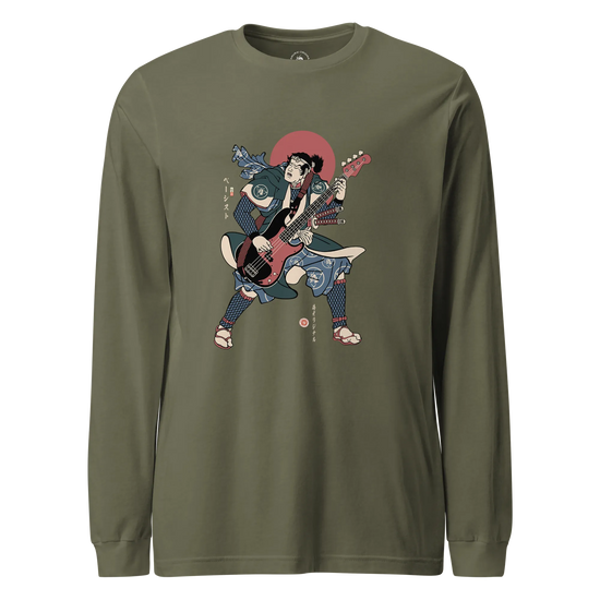 Samurai Bassist Player 4 Music Ukiyo-e Unisex Long Sleeve Tee Military Green - Samurai Original