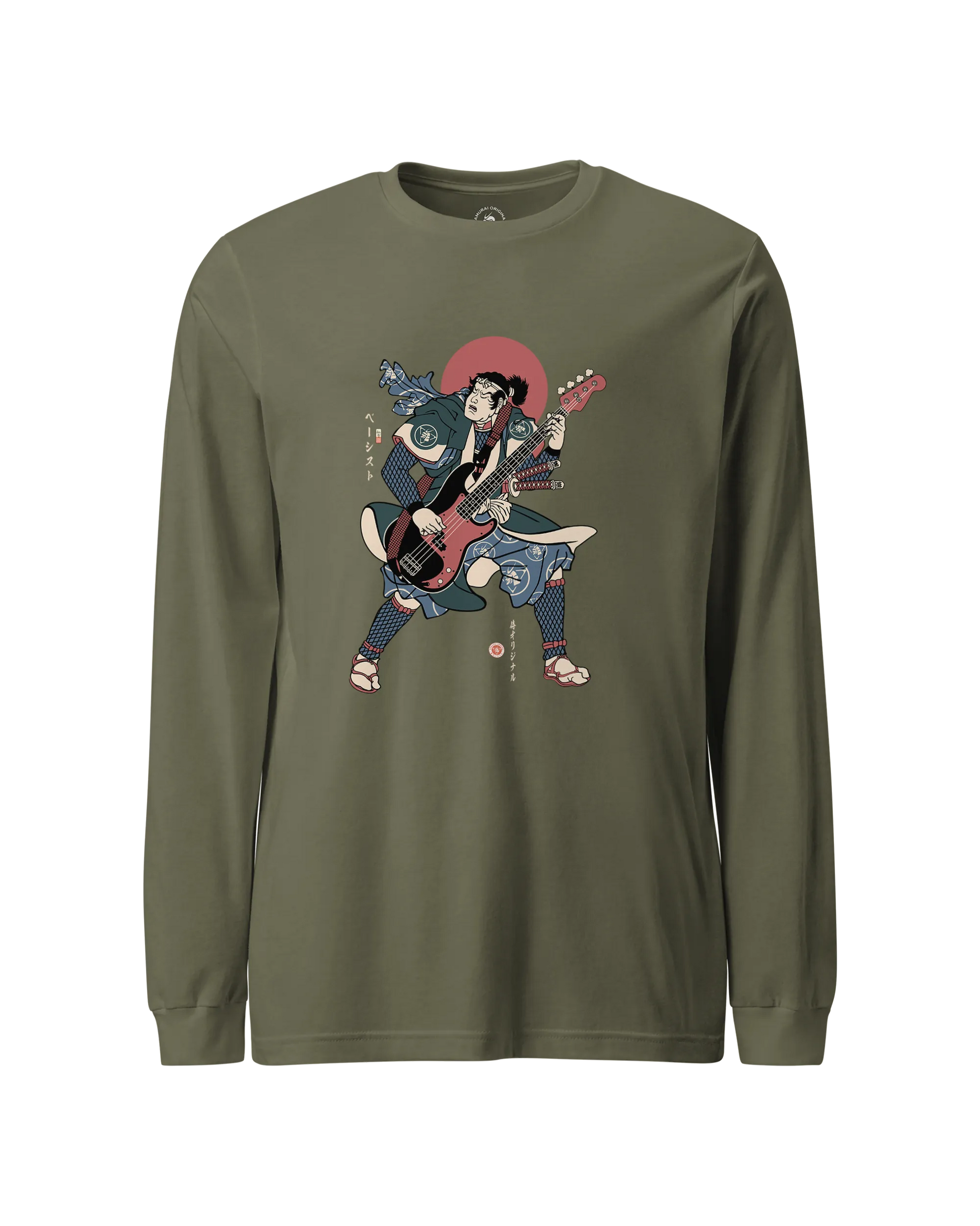 Samurai Bassist Player 4 Music Ukiyo-e Unisex Long Sleeve Tee Military Green - Samurai Original