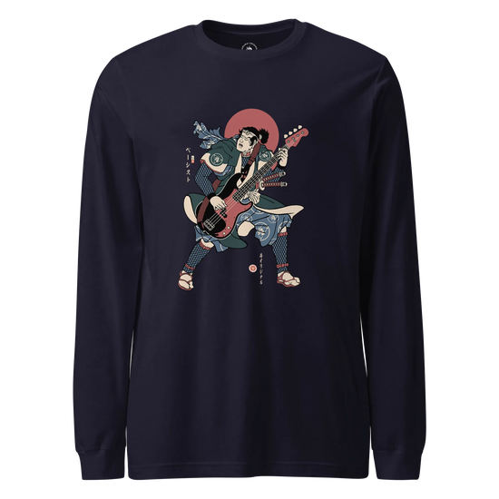 Samurai Bassist Player 4 Music Ukiyo-e Unisex Long Sleeve Tee Navy - Samurai Original