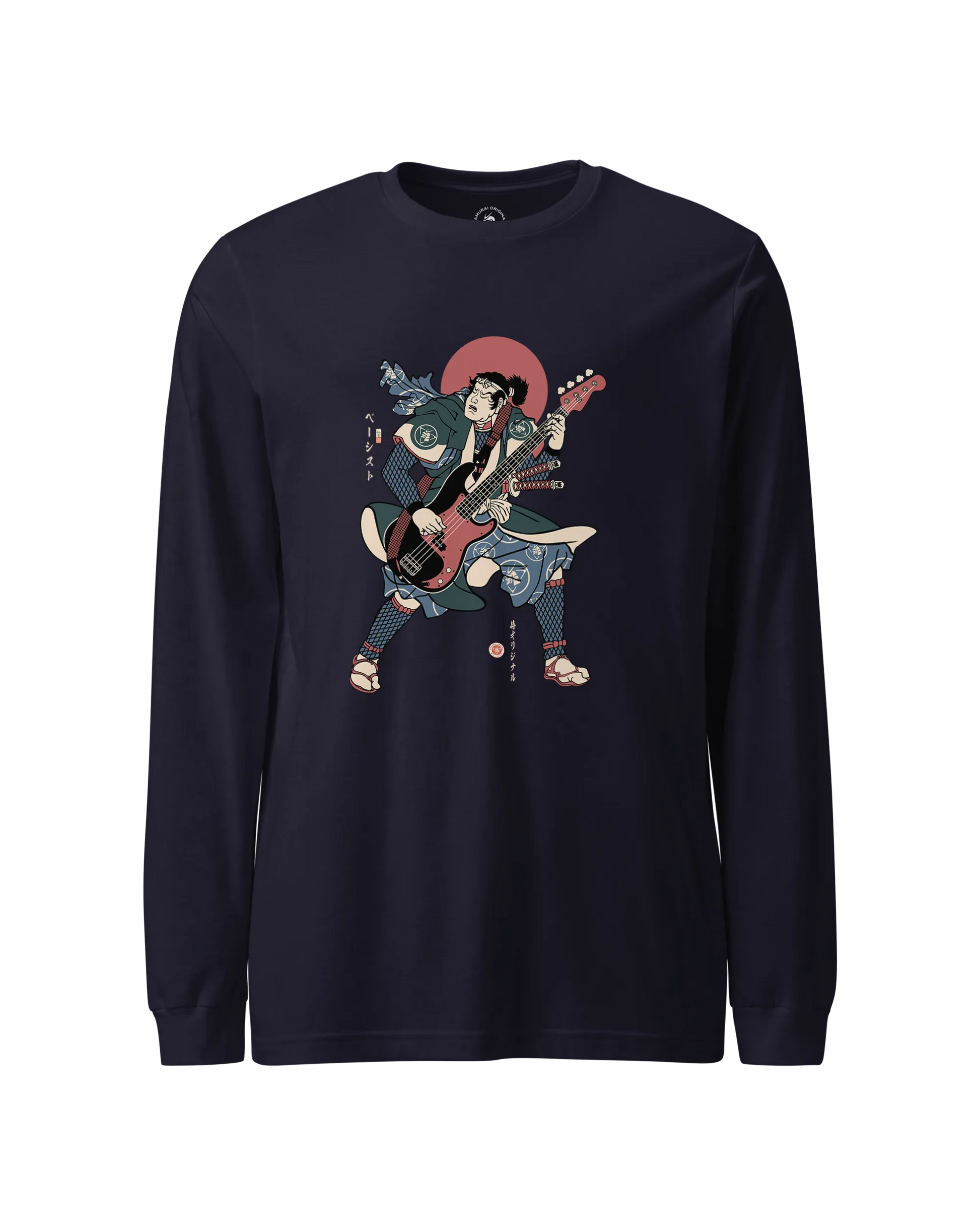 Samurai Bassist Player 4 Music Ukiyo-e Unisex Long Sleeve Tee Navy - Samurai Original