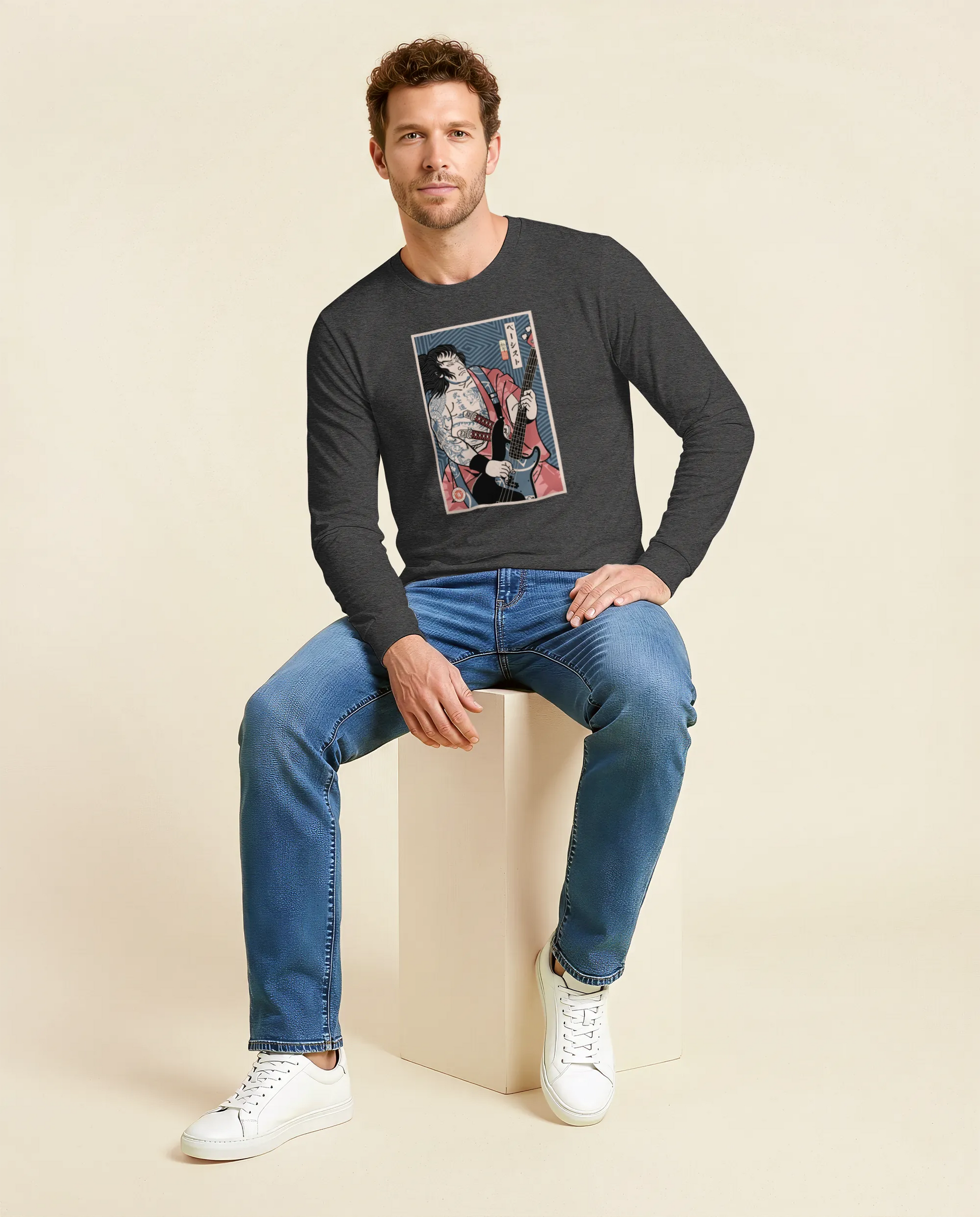 Samurai Bassist Player 5 Music Ukiyo-e Unisex Long Sleeve Tee - Samurai Original