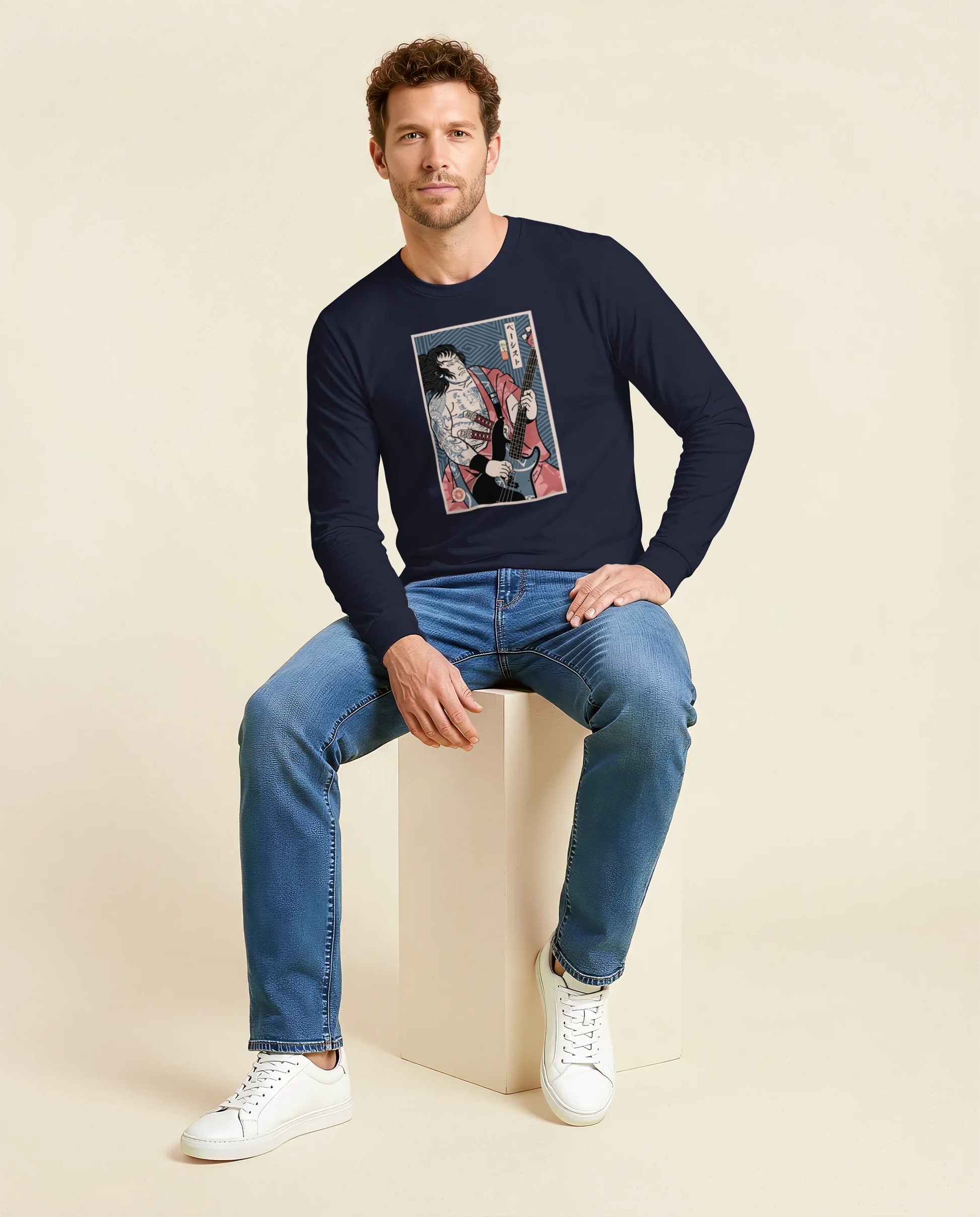 Samurai Bassist Player 5 Music Ukiyo-e Unisex Long Sleeve Tee - Samurai Original