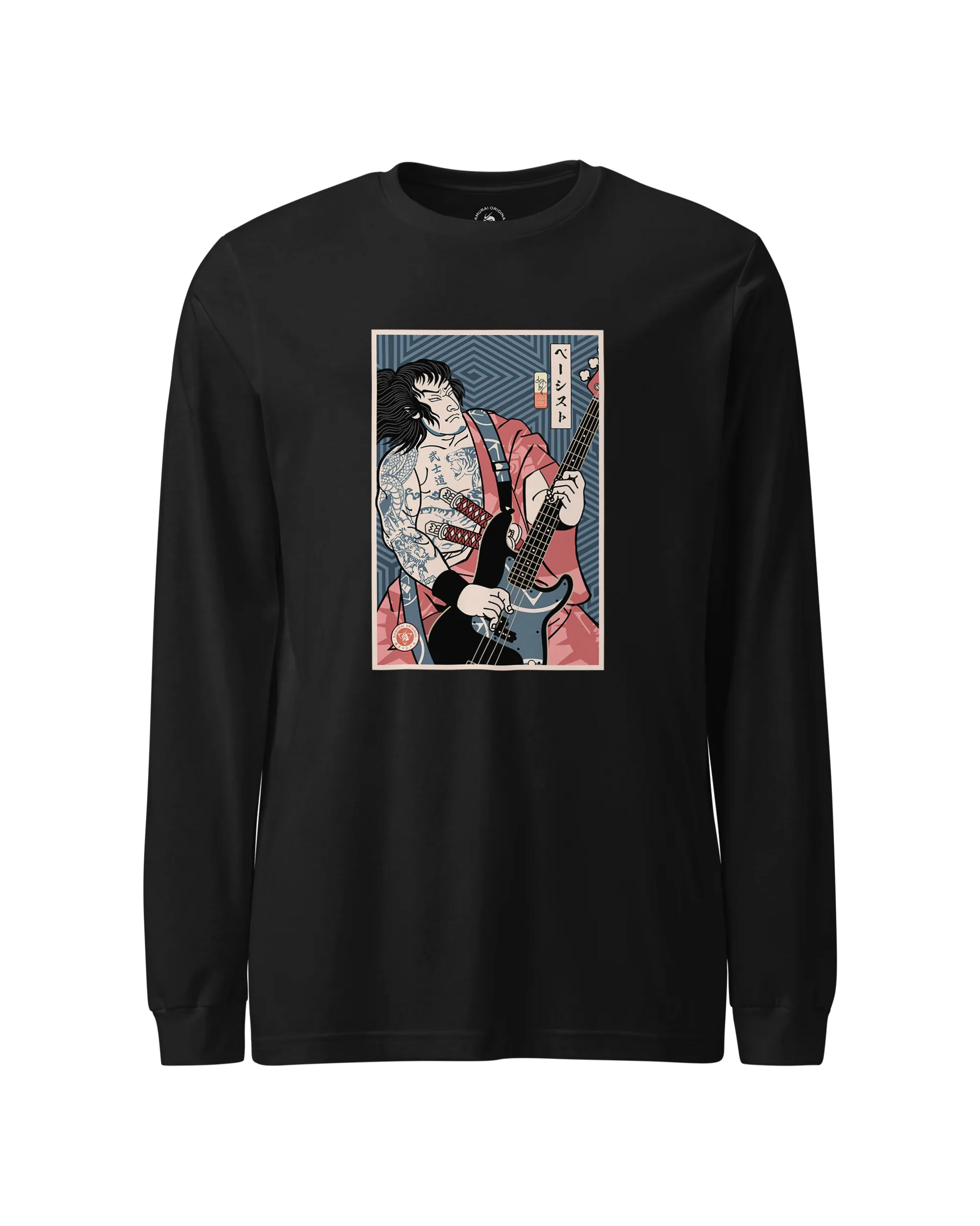 Samurai Bassist Player 5 Music Ukiyo-e Unisex Long Sleeve Tee Black - Samurai Original
