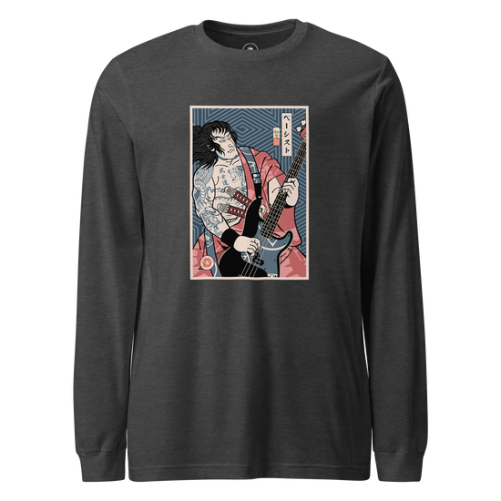 Samurai Bassist Player 5 Music Ukiyo-e Unisex Long Sleeve Tee Dark Grey Heather - Samurai Original