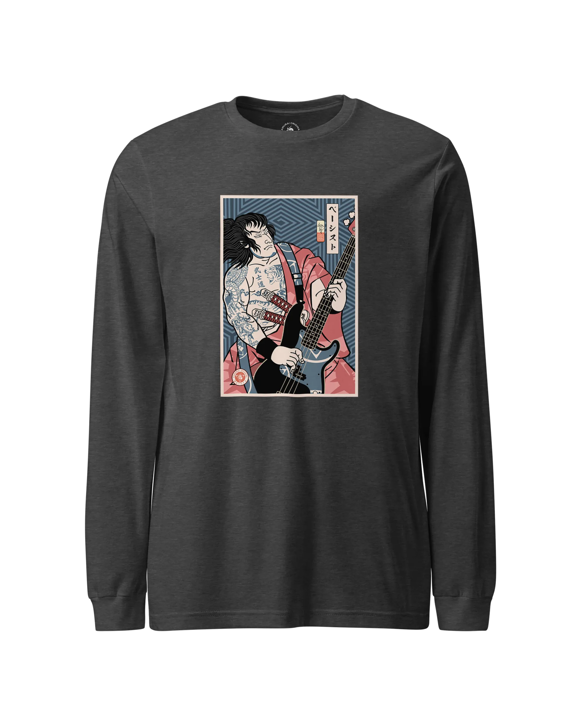 Samurai Bassist Player 5 Music Ukiyo-e Unisex Long Sleeve Tee Dark Grey Heather - Samurai Original