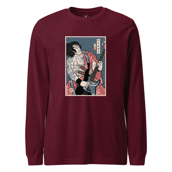 Samurai Bassist Player 5 Music Ukiyo-e Unisex Long Sleeve Tee Maroon - Samurai Original