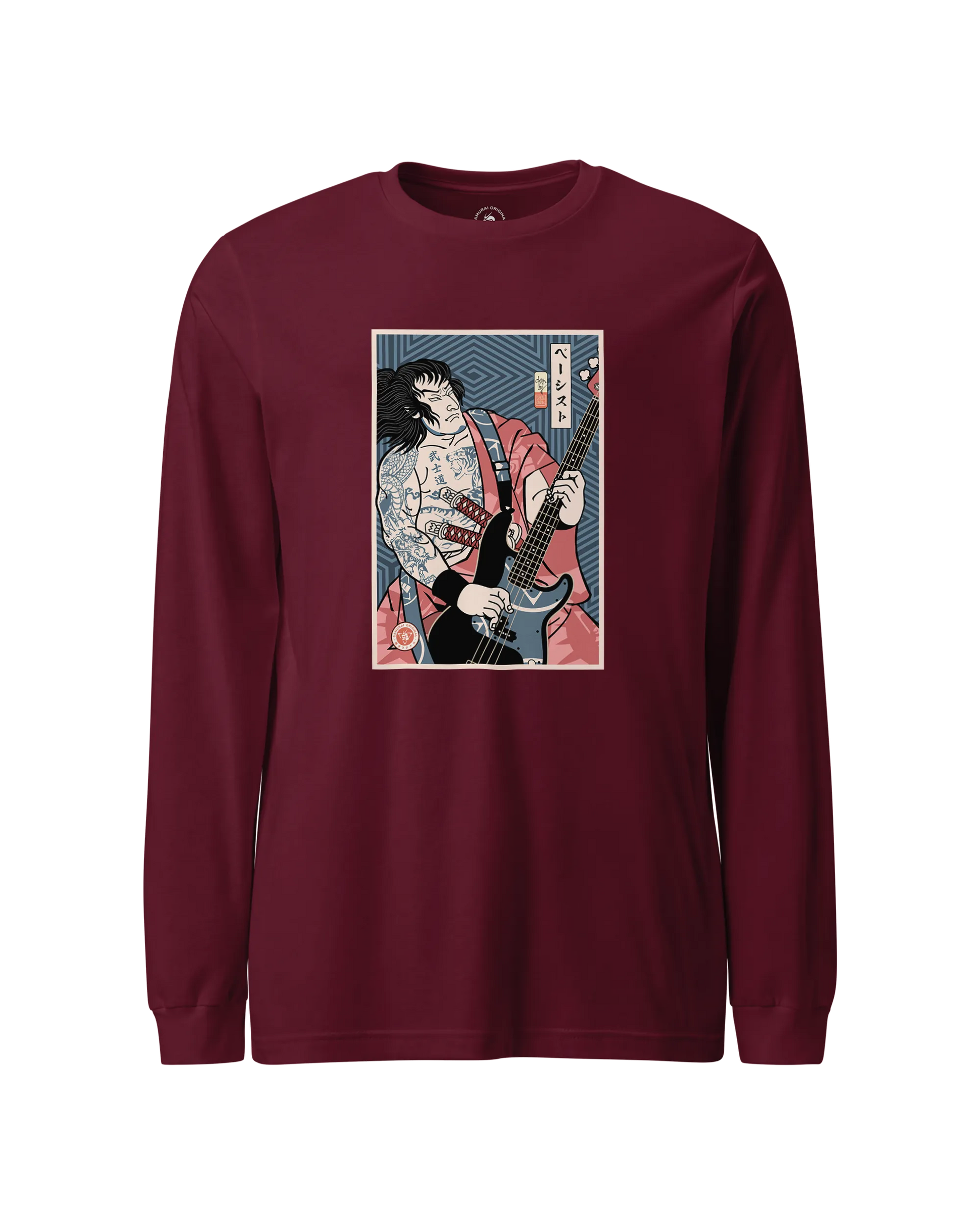 Samurai Bassist Player 5 Music Ukiyo-e Unisex Long Sleeve Tee Maroon - Samurai Original