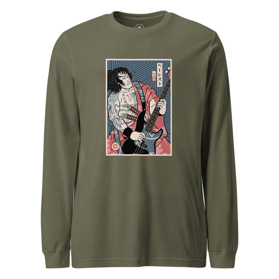 Samurai Bassist Player 5 Music Ukiyo-e Unisex Long Sleeve Tee Military Green - Samurai Original