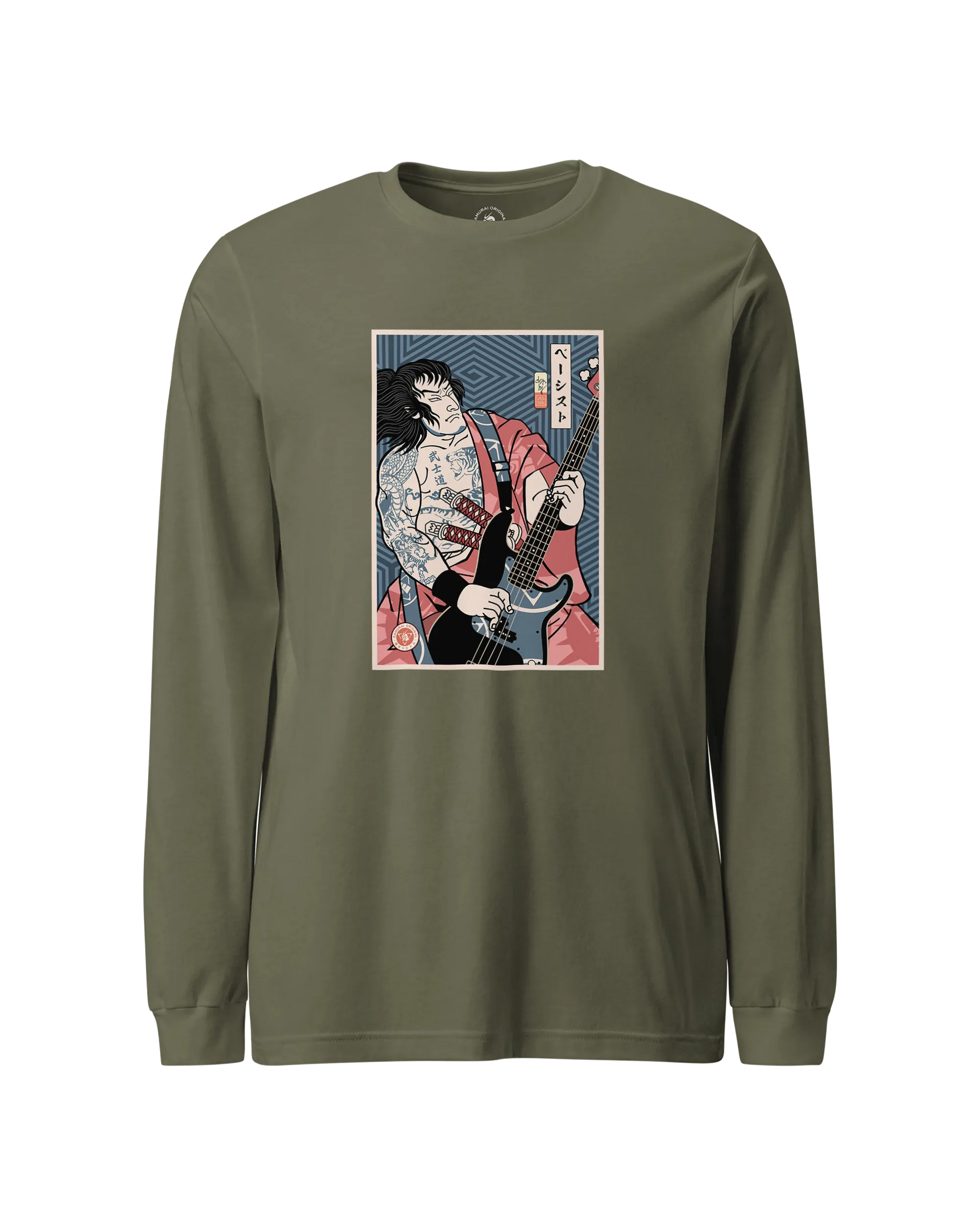 Samurai Bassist Player 5 Music Ukiyo-e Unisex Long Sleeve Tee Military Green - Samurai Original